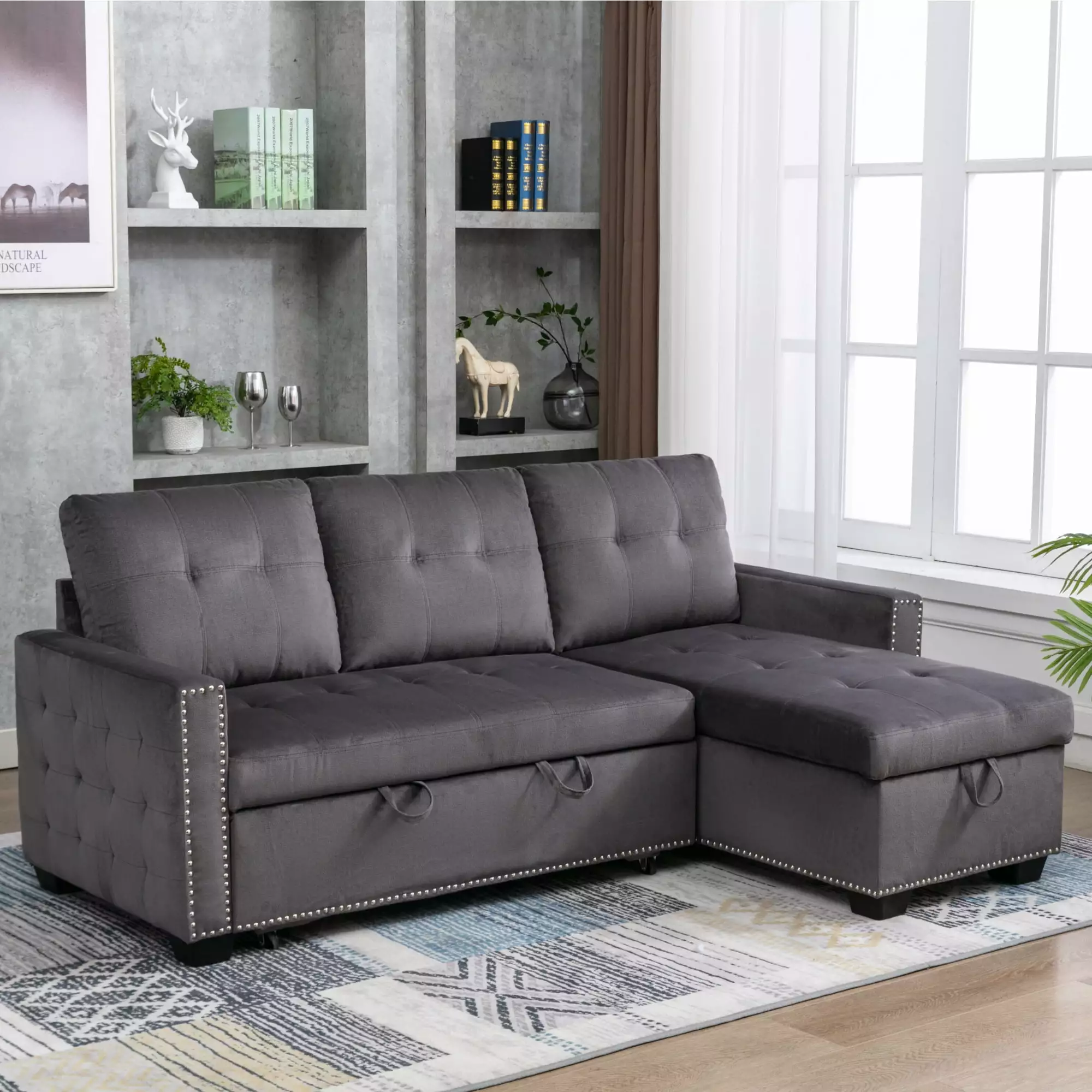 77 Inch Reversible Sectional Storage Sleeper Sofa Bed . L-Shape 2 Seat Sectional Chaise With Storage . Skin-Feeling Velvet Fabric .Dark Grey Color For Living Room Furniture