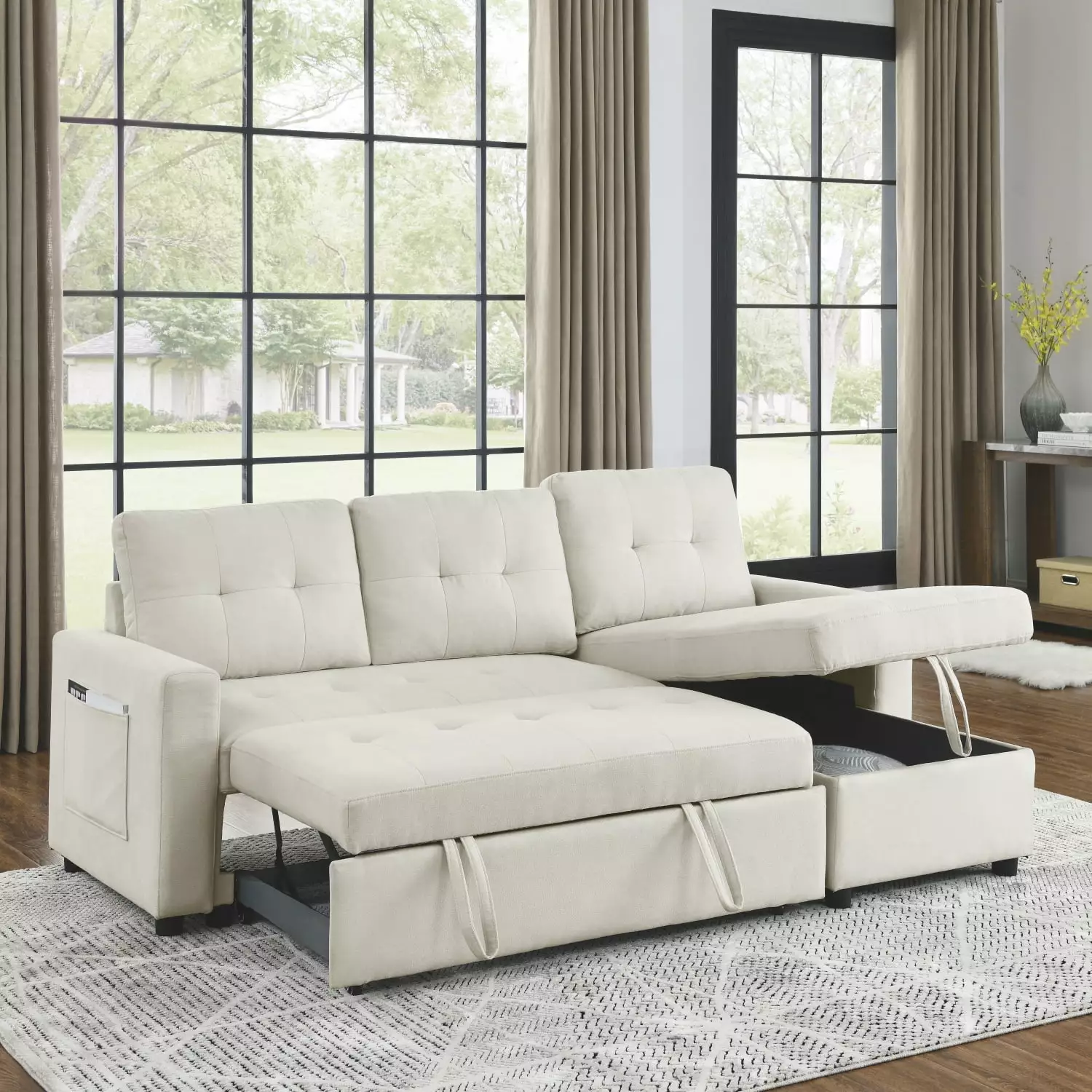 78.5 Sleeper Sofa Bed with Reversible Sectional Couch and Storage Chaise - Beige Fabric Sofa with Side Storage Bag - Space-Saving Living Room Furniture Set