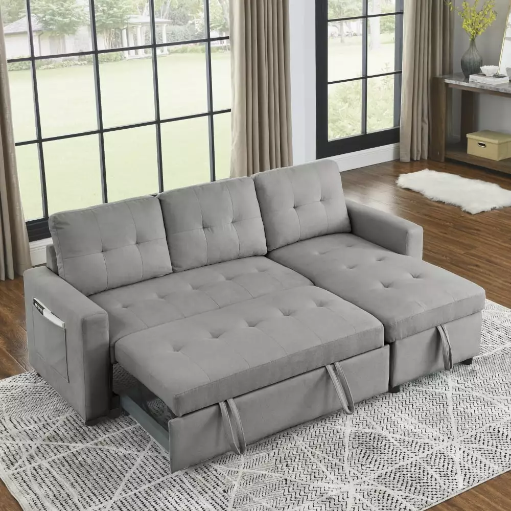 78.5 inch Reversible Sleeper Sectional Sofa with Pull-Out Bed. Sleeper Sofa Bed with Storage Chaise and Side Storage Bag