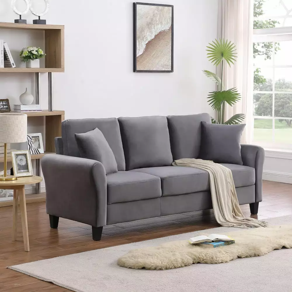 78'' Velvet 3-Seater Sofa. Modern Upholstered Standard Couch with 2 Pillows and Cushion Backrest. Vintage Sofa with Armrest and Plastic Legs for Living Room.Bedroom. Gray