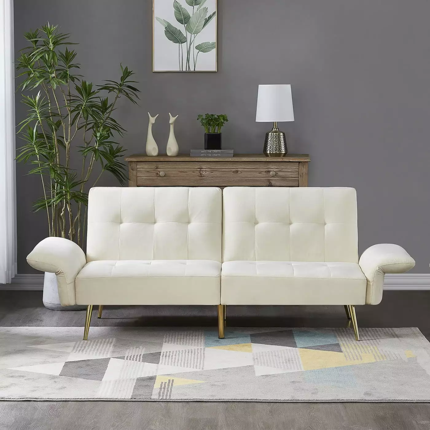 78 Velvet Futon Sofa Bed.Convertible Sleeper Loveseat Couch with Folded Armrests.. Modern Upholstered Loveseat with 3 Angle Adjustable Backrest for Living Room and Small Space.Beige