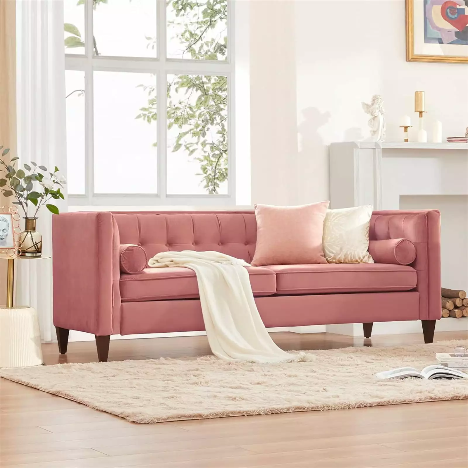 78'' W X 32D X 30H Comfortable Velvet Sofa. Mid-Century Love Seats Sofa Furniture with 2 Bolster Pillows. Button Tufted Couch for Living Room. Easy Assembly Pink