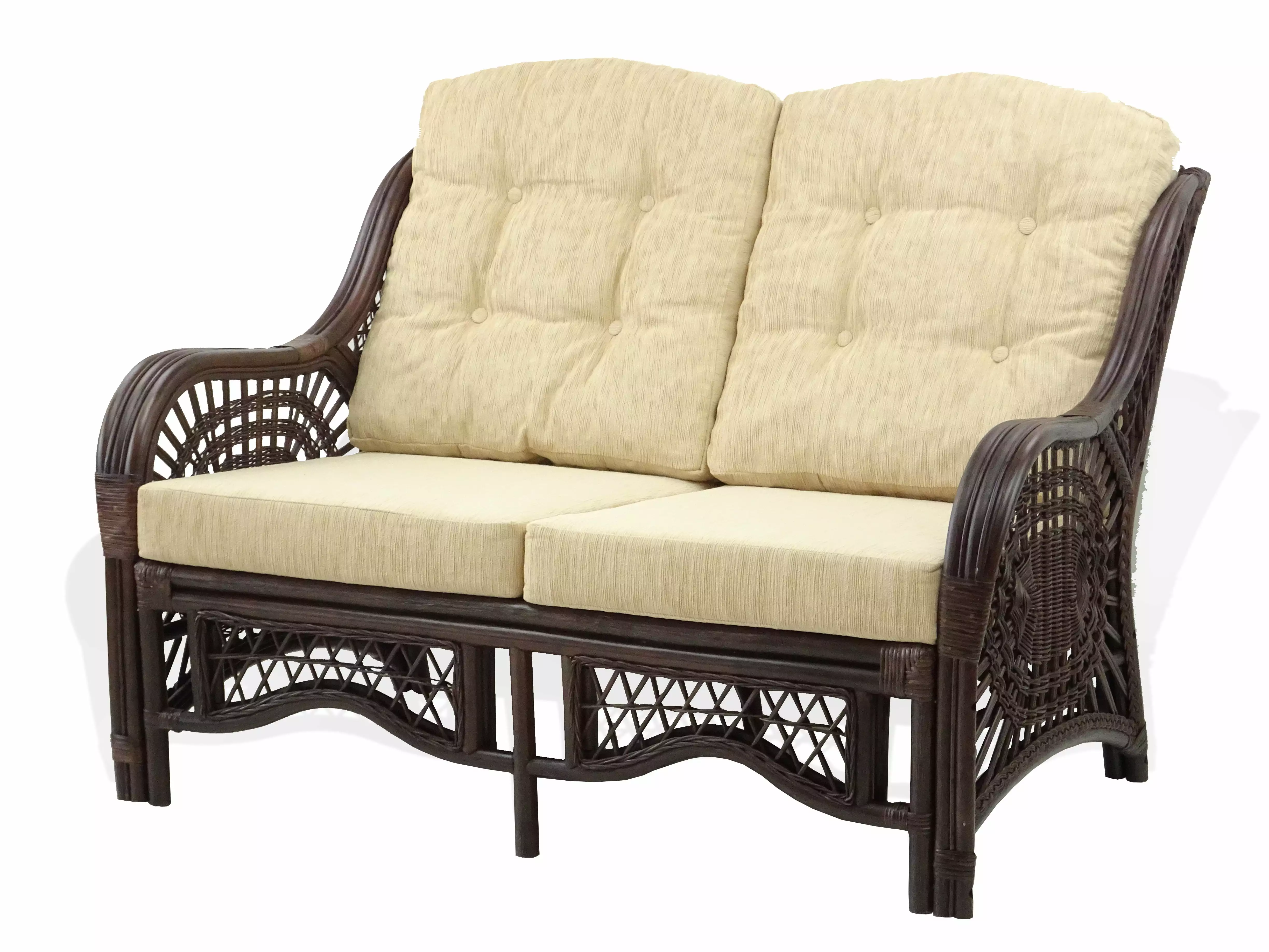 Malibu Lounge Loveseat Sofa ECO Natural Rattan Wicker Handmade Design w/Cream Cushions. Dark Brown