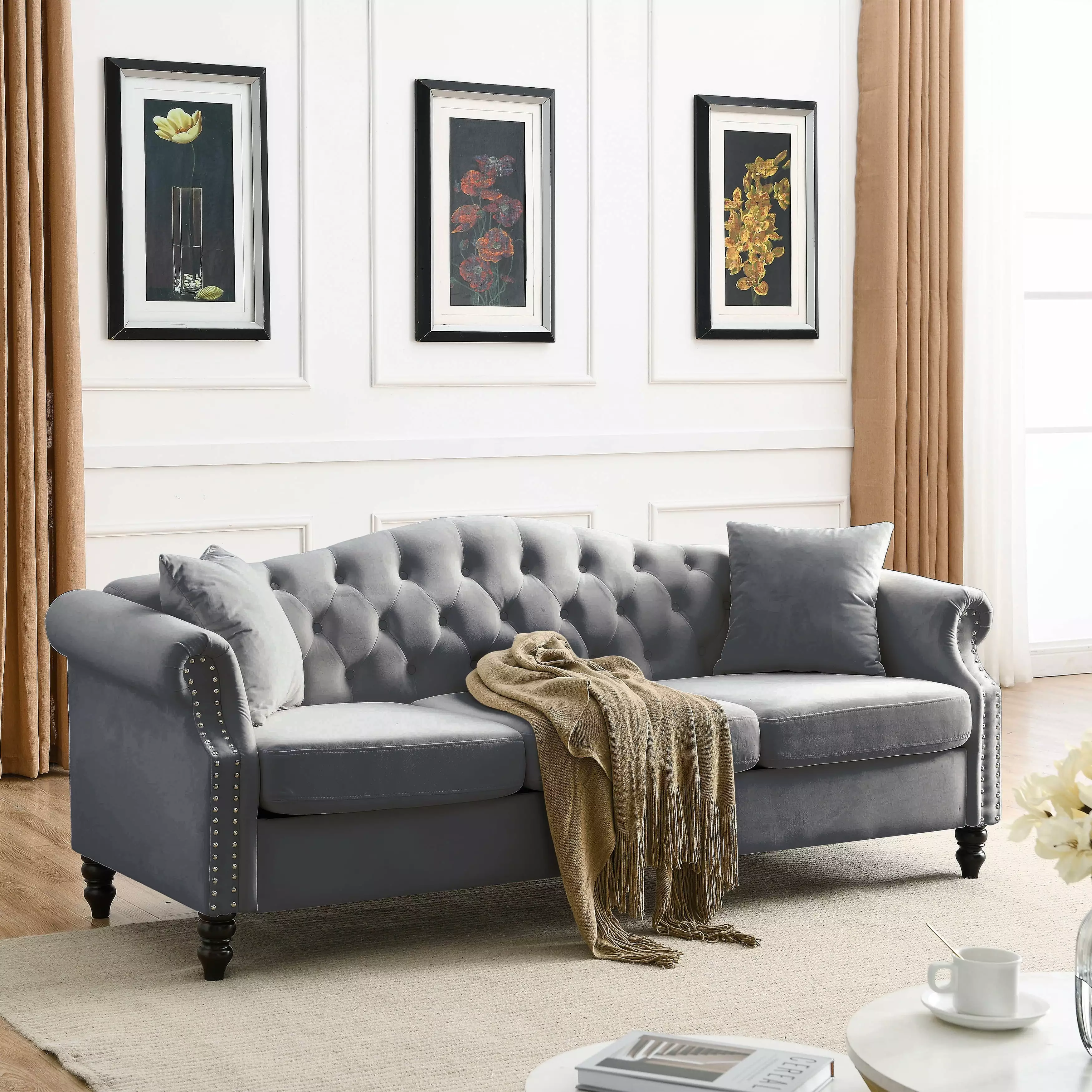 79 Sofa Grey Velvet For Living Room. 3 Seater Sofa Tufted Couch With Rolled Arms And Nailhead For Living Room. Bedroom. Office. Apartment. Two Pillows