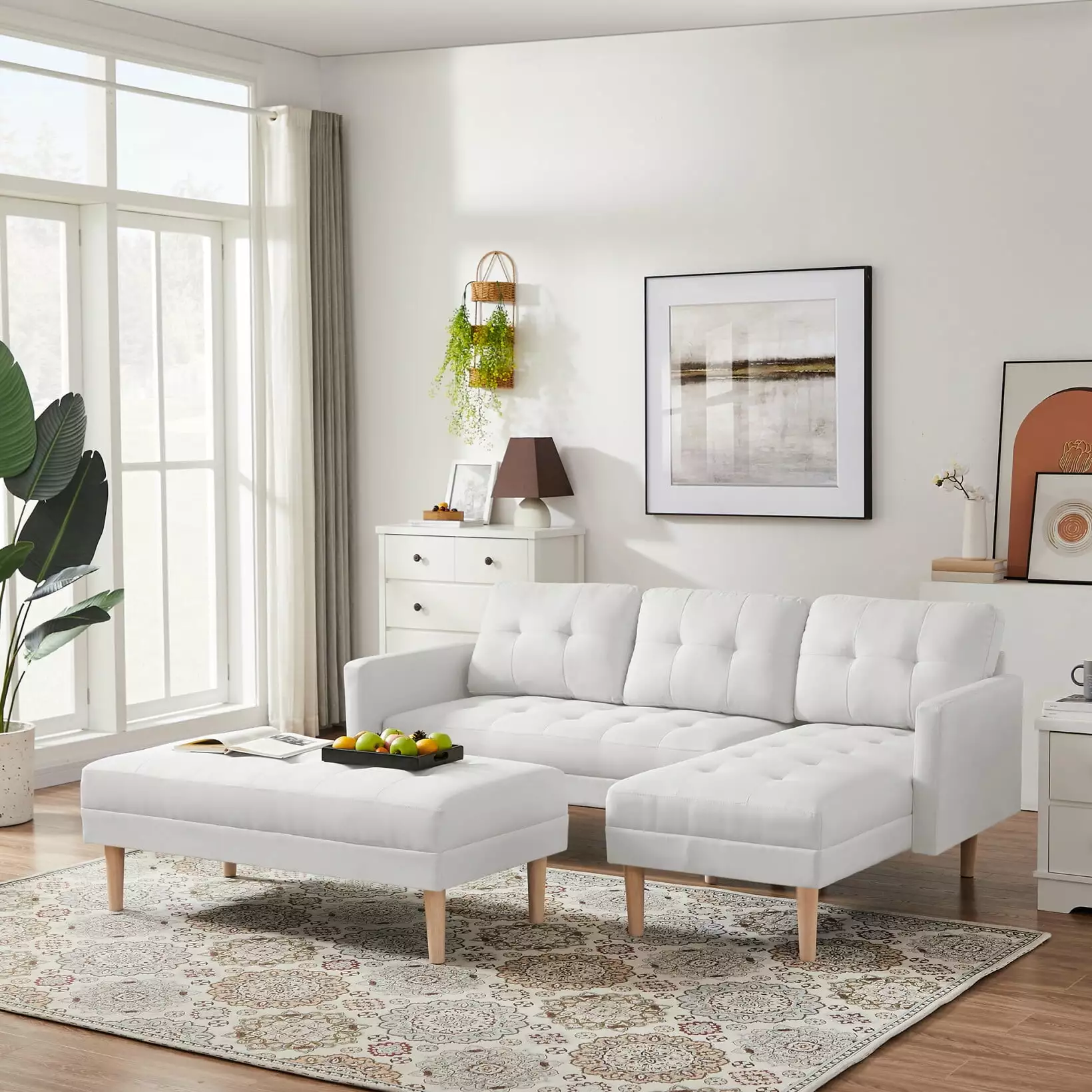 80.71 L-Shape Sectional Sofa. Modern Modular Sleeper Couches with Ottoman Bench. Sectional Sofa Bed for Living Room. Apartment. Office. Small Space. White