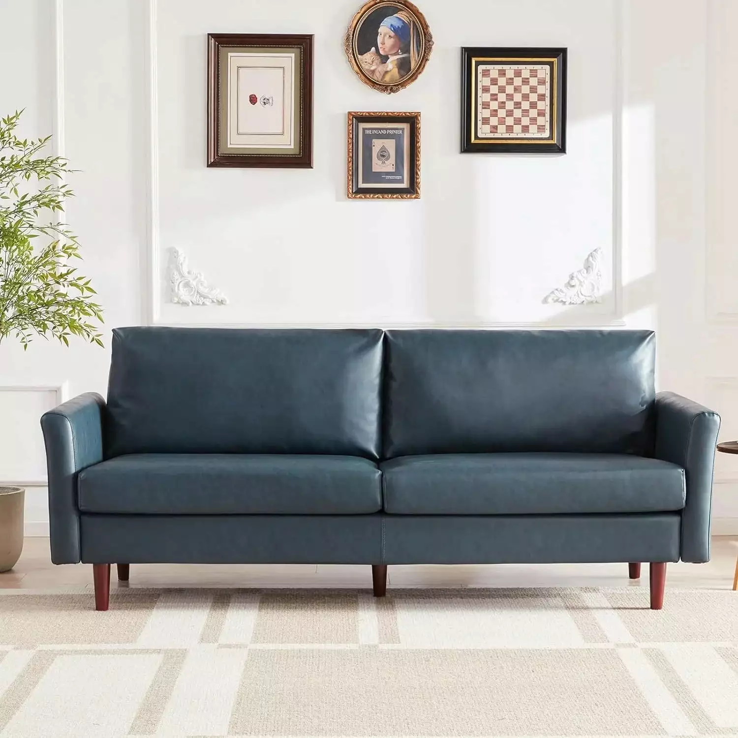 80'' Faux Leather Sofa. 3 Seater Leather Couch with Cozy Wide Seats and Padded Cushions. Mid-Century Modern Loveseat Couches for Living Room. Easy Assembly. Blue