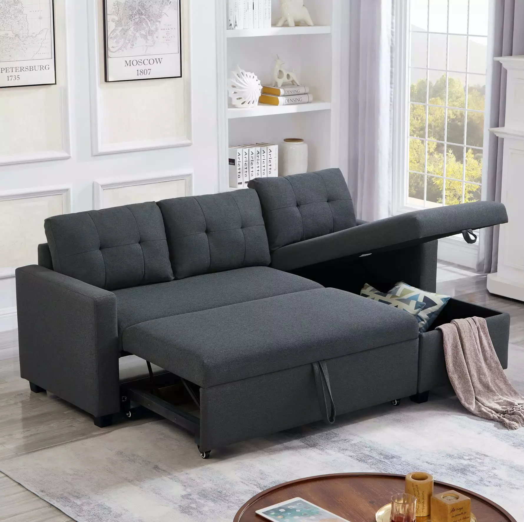 81.5 Pull-Out Sectional Sofa. Modern Upholstered L-Shape Convertible Sleeper Sectional Sofa with Storage Chaise. Corner 3 Seaters Couches for Living Room. Apartment and Office. Dark Grey