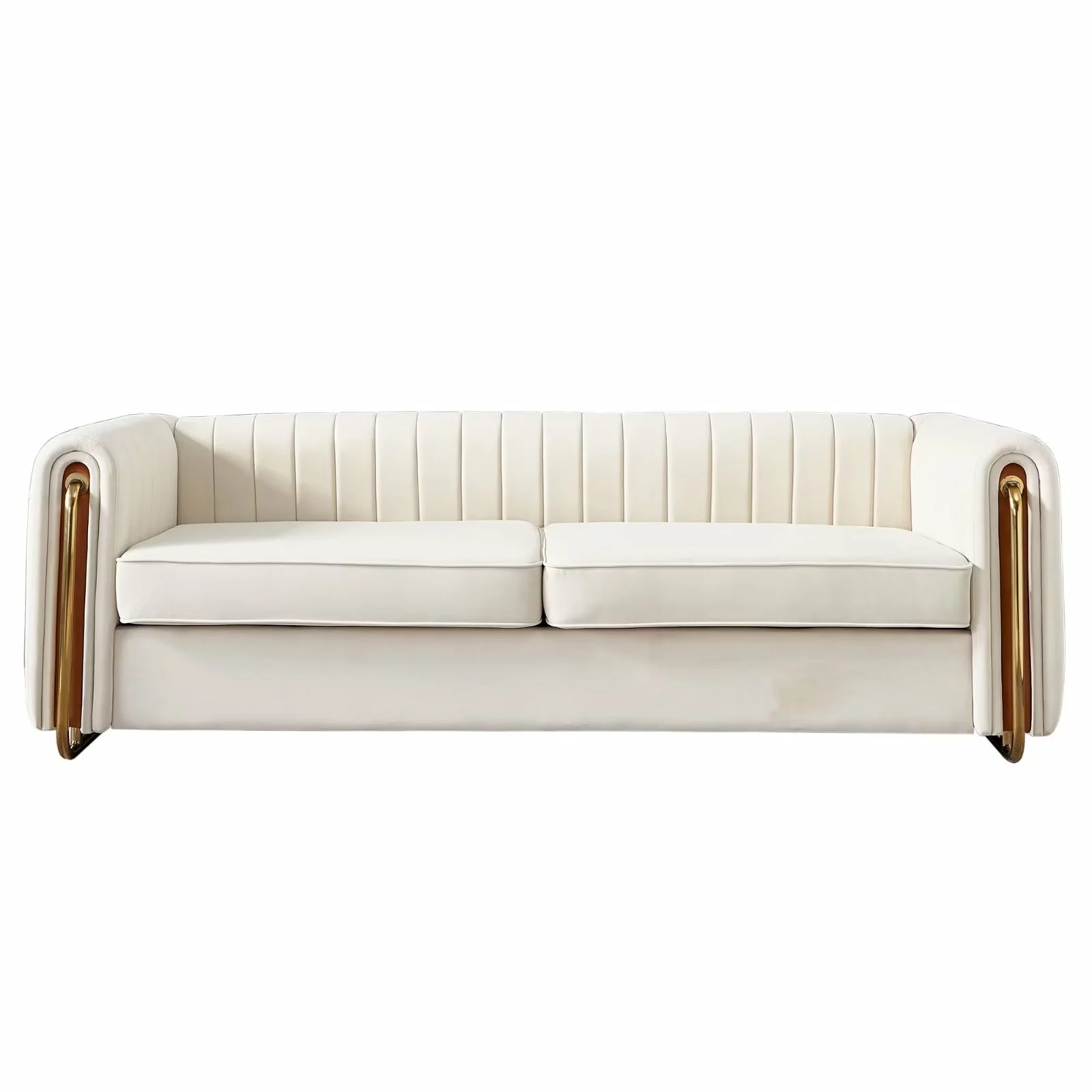 2-Seater Sofa. Modern Velvet Upholstered Loveseat Couch with Tufted Backrest and Armrest. Standard Sofa with Metal Legs and Thicken Seat Cushion for Living Room Office. Beige