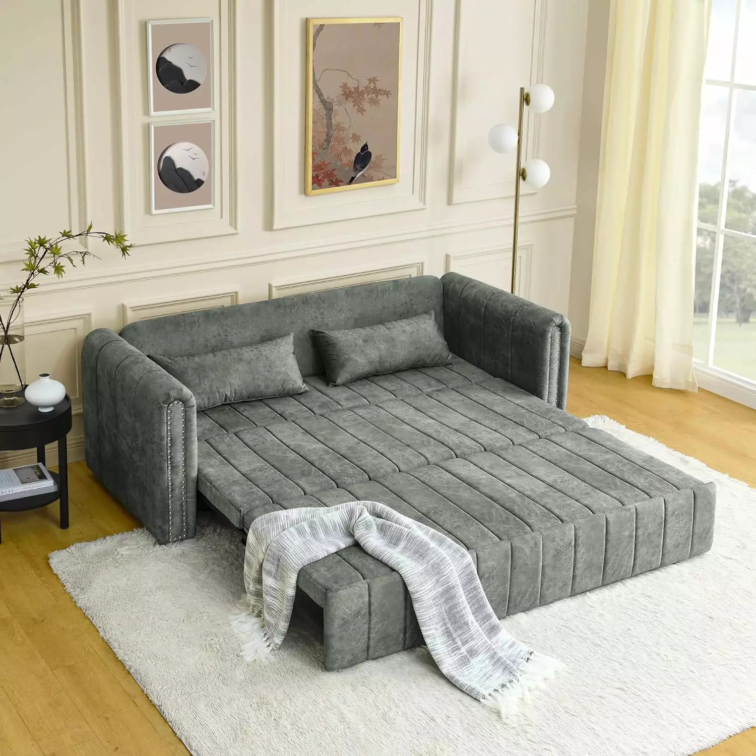 82.3 Sleeper Sofa Bed.Pull-Out Couch Bed w Rolled Arms Copper Nails. 3 in 1 Modern Velvet Upholstered 3 Seats Sofabed w 2 Drawers. 2 Pillows for Living Room. Guest Room. Bedroom. Small Space. Grey