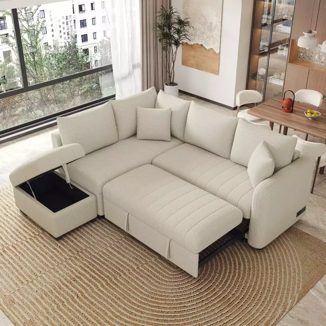 82.6 L-shaped Sectional Pull Out Sofa Bed. Fabric Upholstered Sleeper Sofa with Two USB Ports and Storage Ottoman. Convertible Sectional Sofa Couch for Living Room. Beige