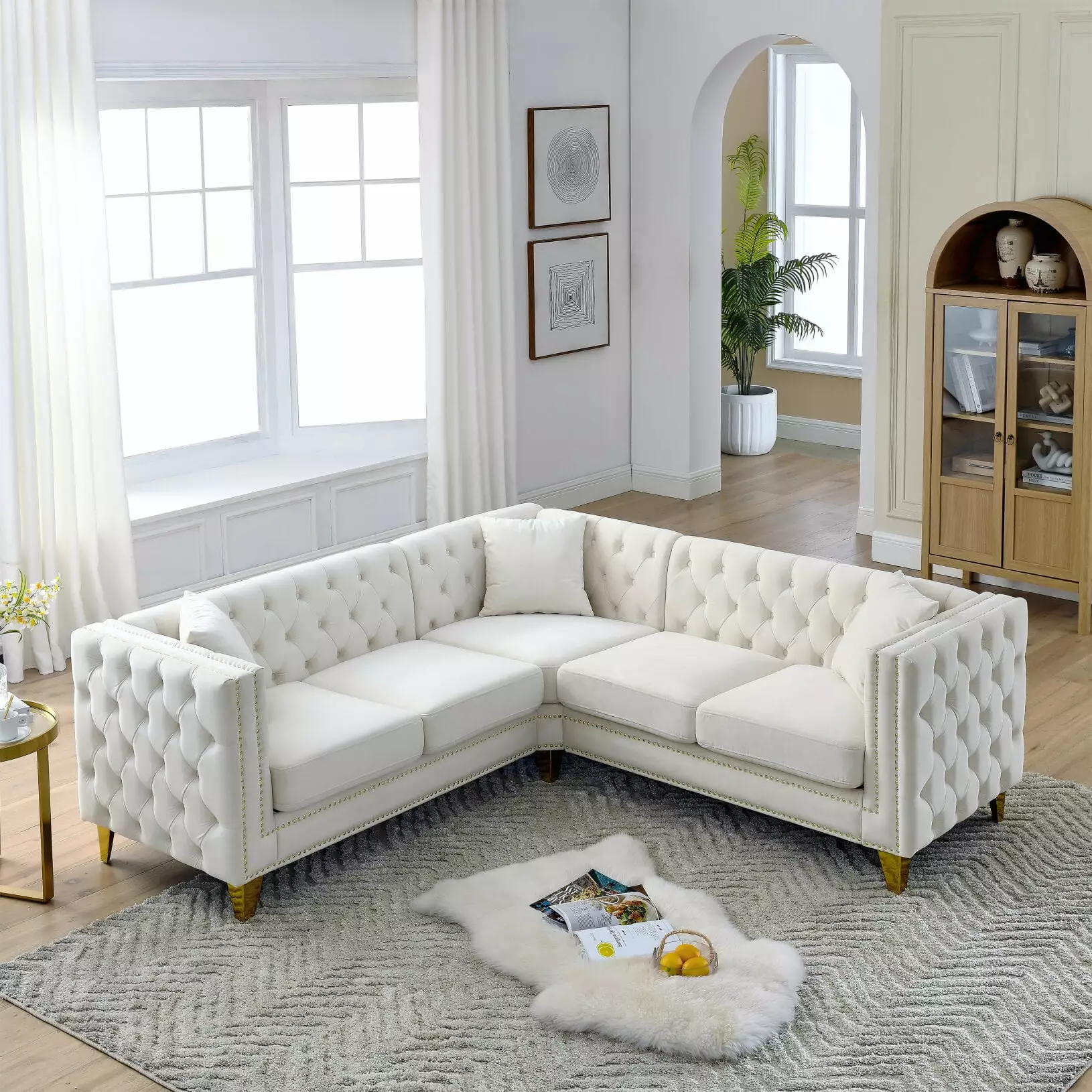 82 L-Shaped Sectional Sofa. Button Tufted Upholstered Velvet Corner Sofa with Nailhead Trims. 5-Seater Sofa Couch with Padded Cushions and Metal Legs. for Living Room. Bedroom. Apartment. Beige