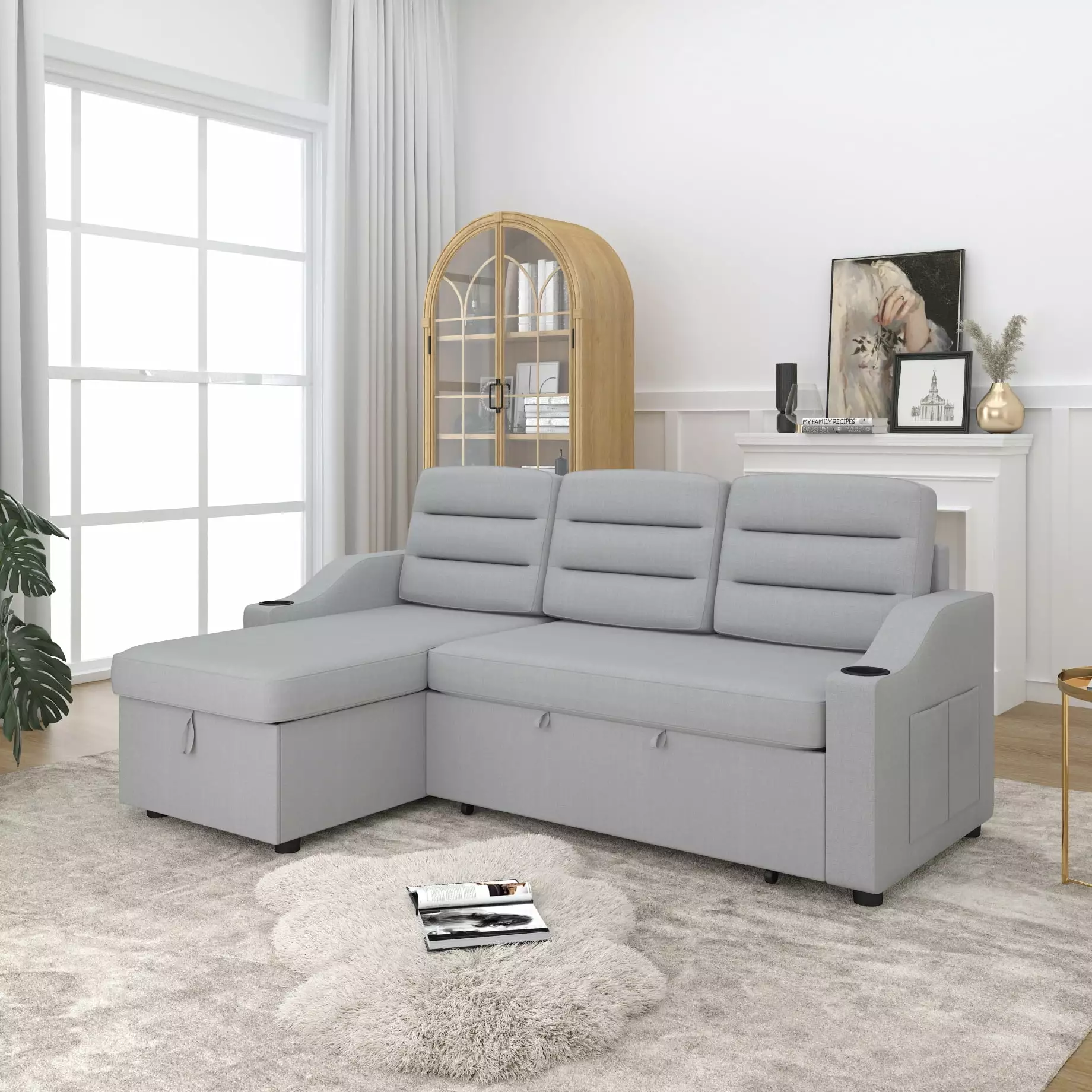 83.5 Convertible Sleeper Combo Sofa. Convertible Sofa Bed Polyester Pullout Bed with Storage Recliner and Cup Holder for Living Room. Tight Spaces. Light Grey