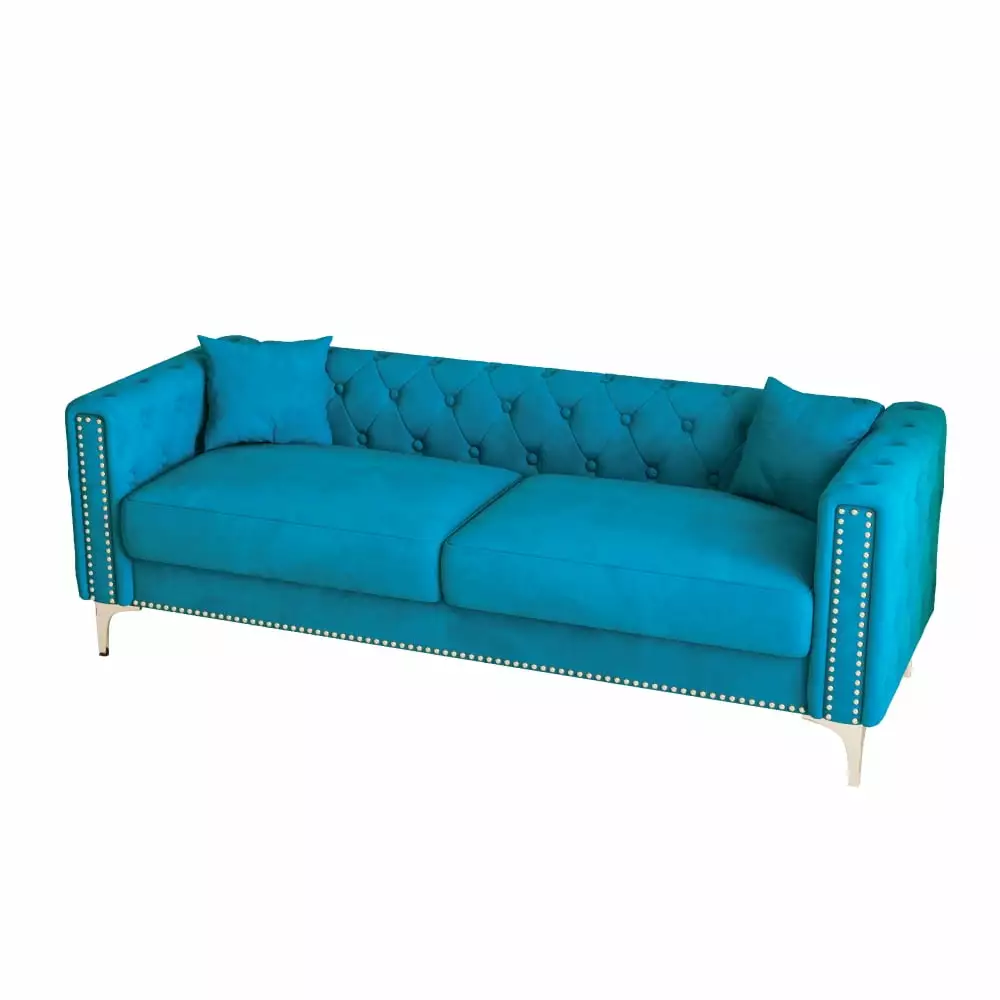 83 inch Modern Velvet Sofa with 2 Pillows. Velvet Upholstered Tufted Backrest Loveseat Chaise Couch