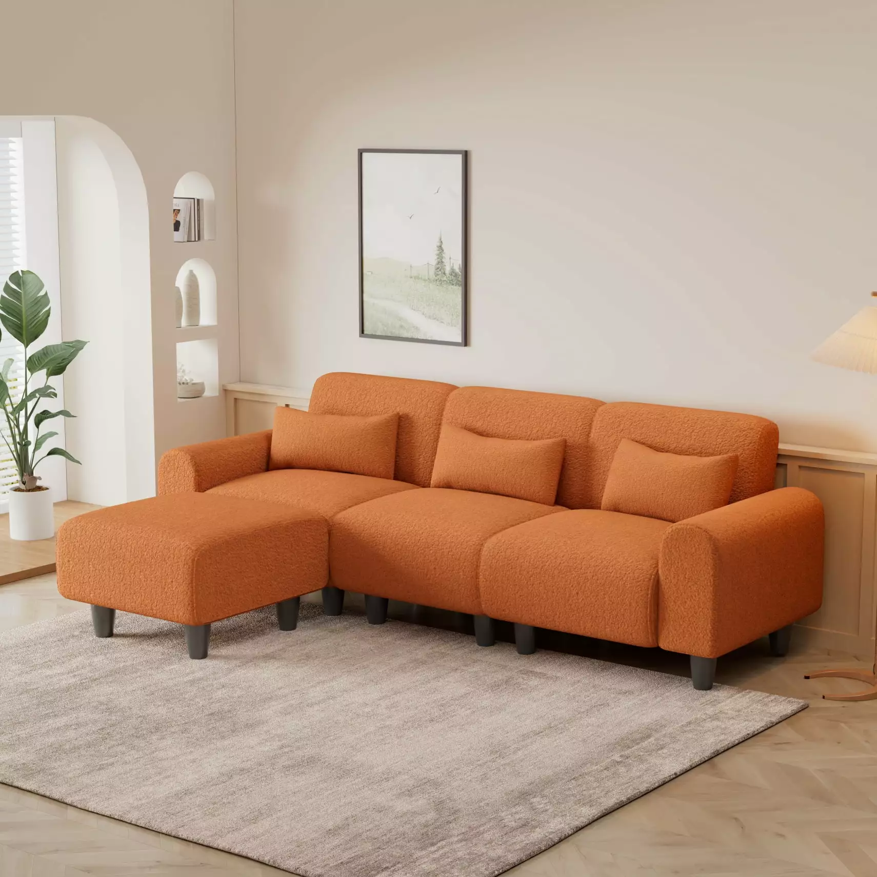 84.6 L-Shaped Sectional Sofa. Can Be Converted to Loveseat and Chaise Lounge. Upholstered Boucle Modular Sofa. 4 Seat Couch with 3 Waist Pillows for Apartment Bedroom. Orange