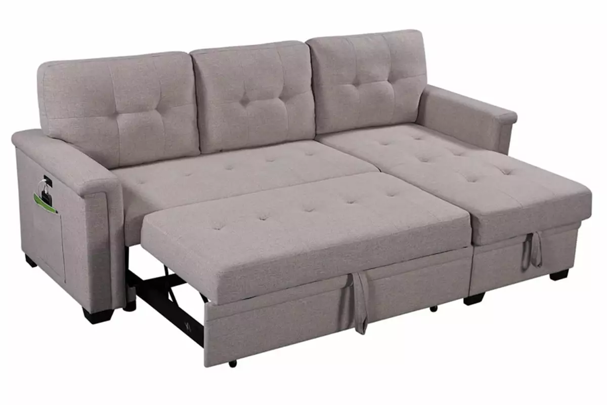 84'' Convertible Pull Out Sofa Bed with USB Charging Ports and Pocket. L Shaped Upholstered Sectional Comfy Couch with Reversible Storage Chaise for Apartment. Studio. Office