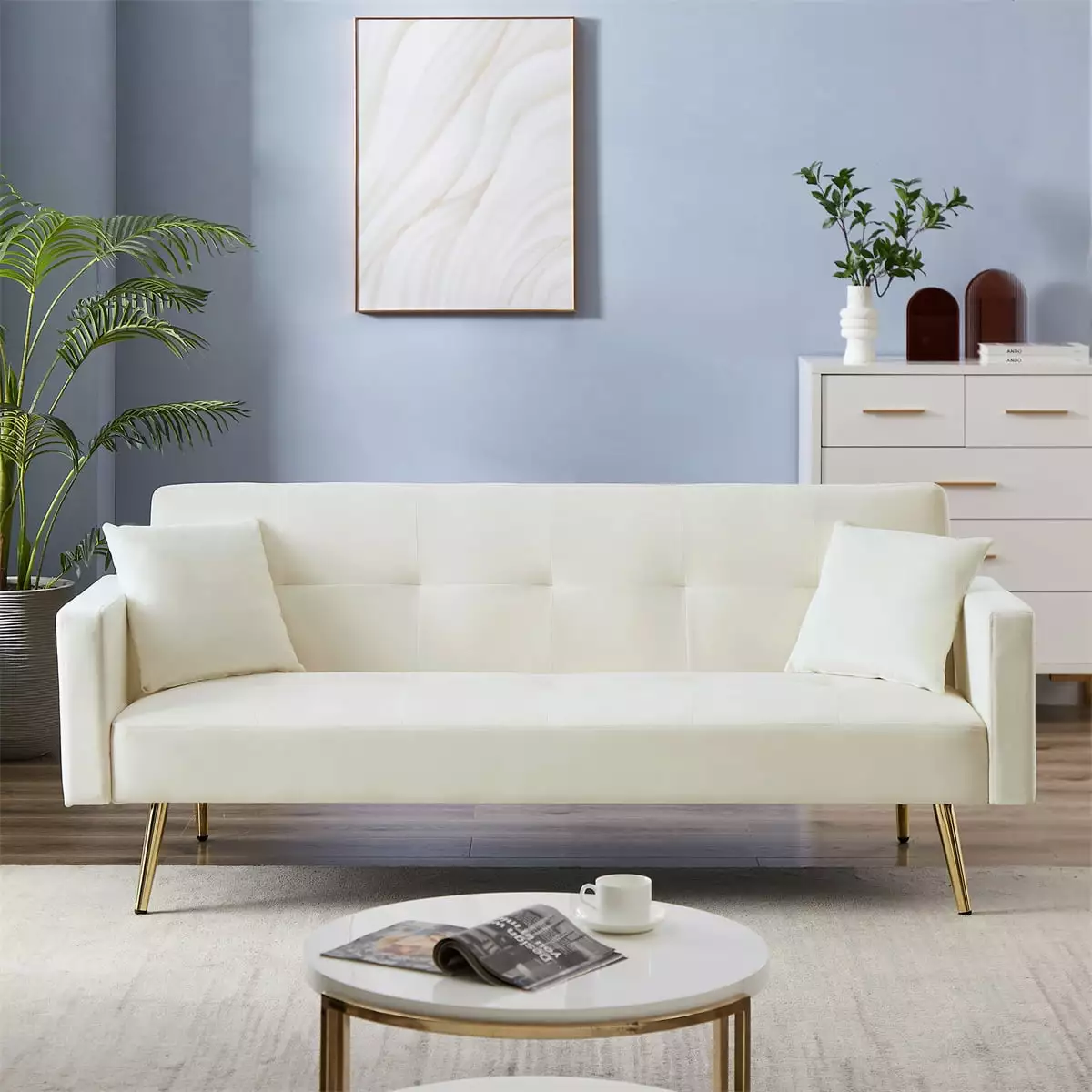 Convertible Futon Sofa.Upholstered Velvet Folding Sleeper Sofa Bed with Adjustable Backrest.Recliner Folding Loveseat with Square Armrest and Gold Metal Legs for Living Room Bedroom.Cream White