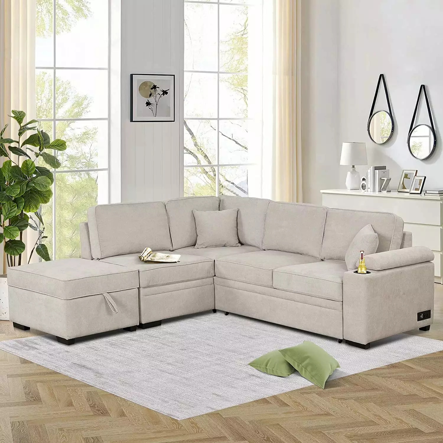 87 Convertible Sleeper Sofa Bed. 2 in 1 Pull Out Sofa Bed with Storage Ottoman. L-Shape Sectional Sofa with Cup Holder and Charging Ports for Living Room Bedroom Small Apartment (Beige 02)