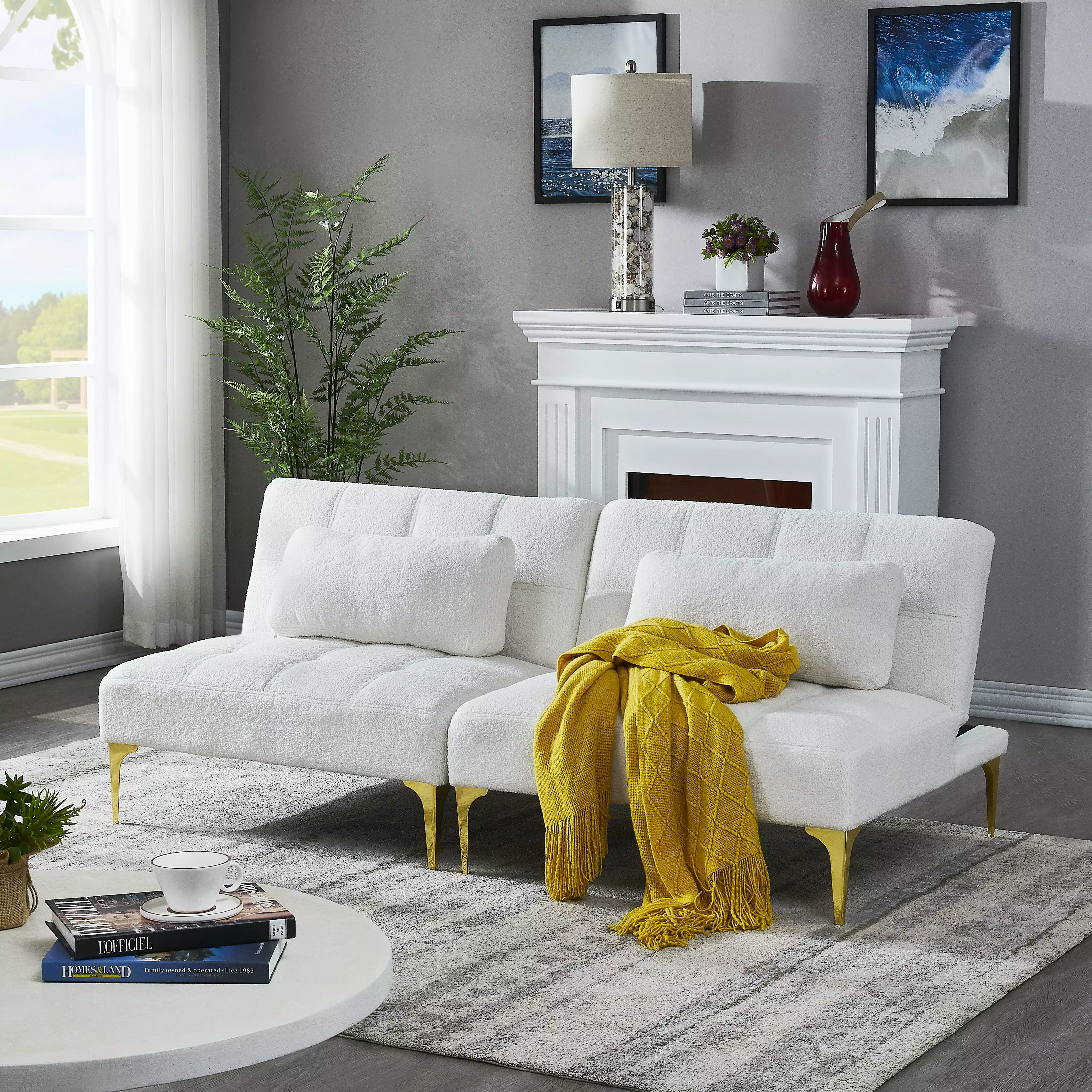 Sofa Couch Futon Sleeper Sofa Convertible Sofa Bed with Adjustable Back.Teddy Fabric Loveseat with Gold Metal Legs for Living Room.Bedroom.Small Space.White