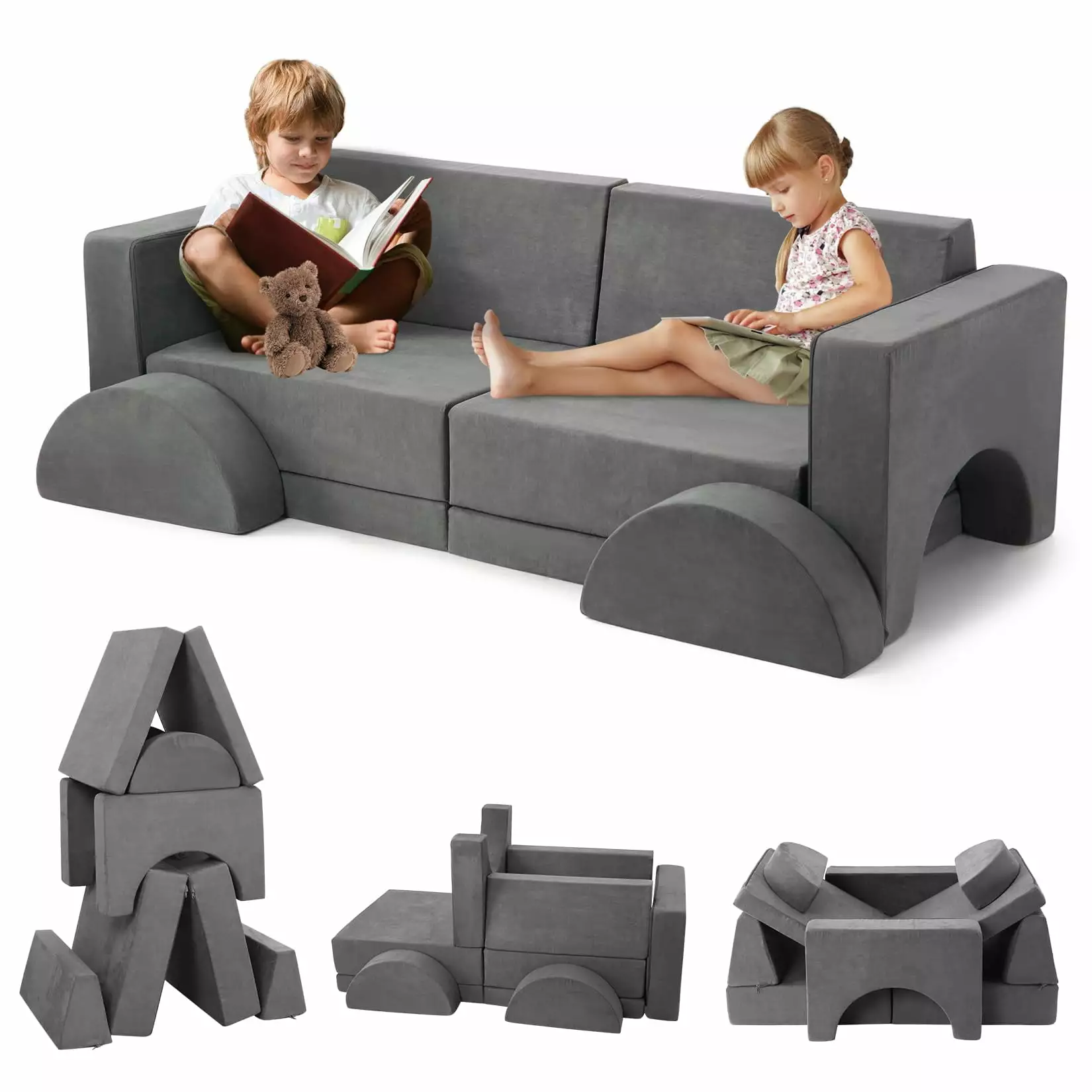 8Pcs Modular Kids Couch. Montessori Child Sectional Sofa. 8 in 1 Multifunctional Couch for Playing. Creativing. Sleeping. Convertible Foam and Floor Cushion