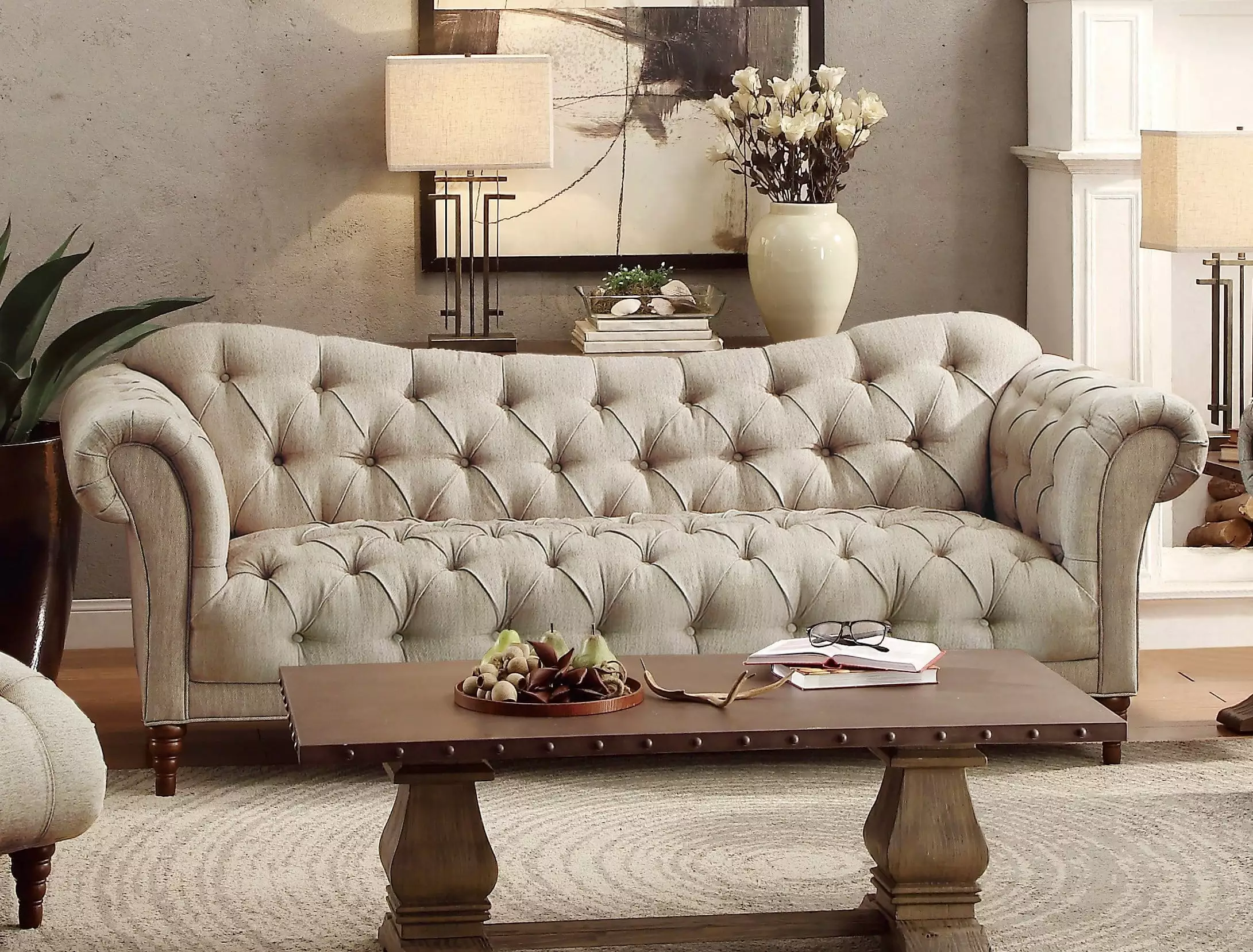 CLEARANCE! Traditional Style Button-Tufted 1pc Sofa Rolled Arms Brown Tone Fabric Upholstered Classic Look Furniture