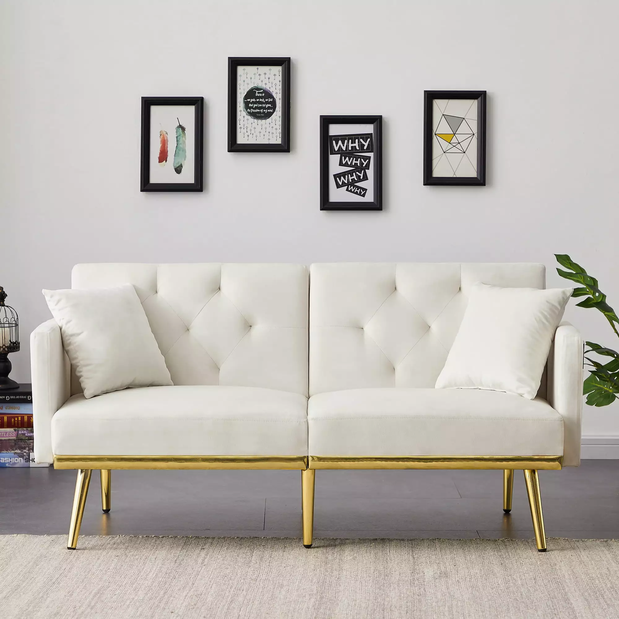 [Two Day Delivery] Cream White Velvet Sofa Bed