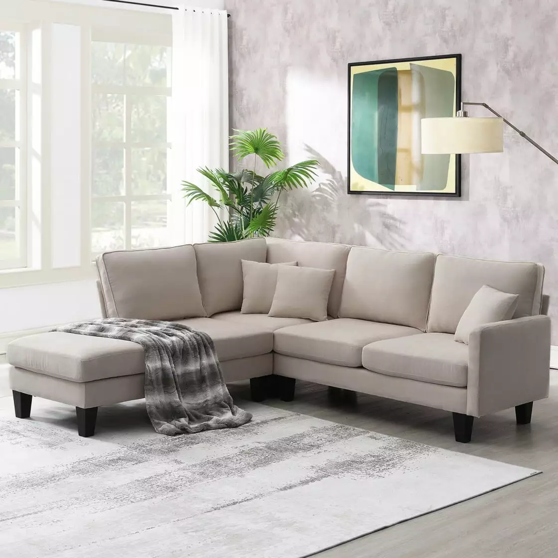 90*88 Terrycloth Modern Sectional Sofa. 5-seat Functional Sofa Set with Chaise. L-shaped Minimalist Indoor Sofa with 3 Pillows for Living Room Apartment Office. Beige