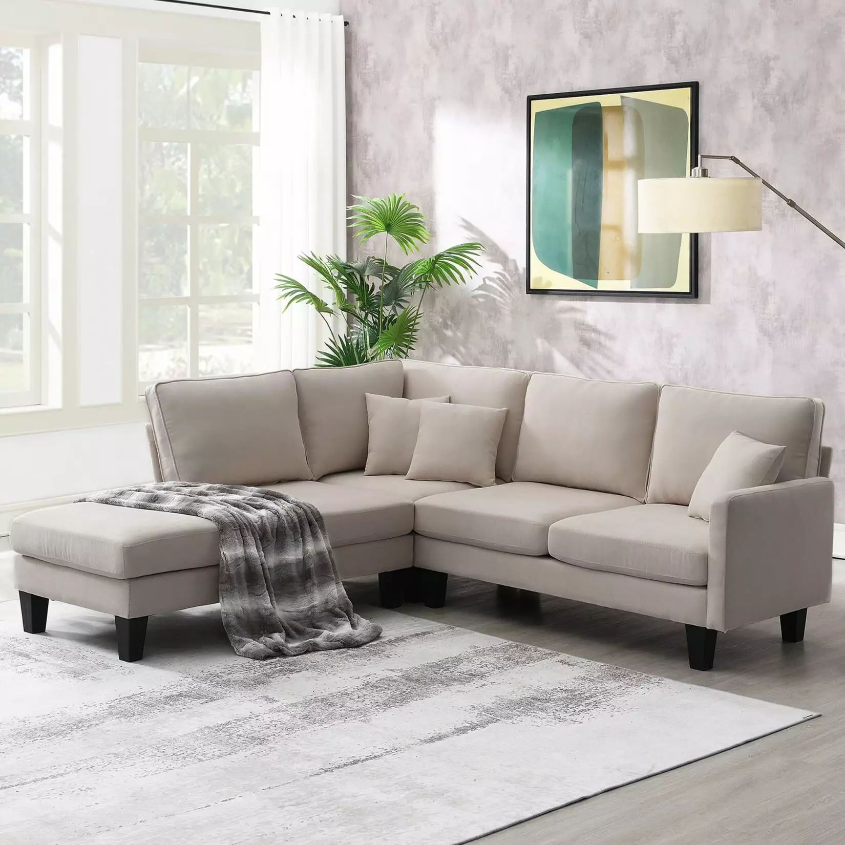 90 Oversized Terrycloth Modern Sleeper Sectional Sofa. 5-Seat L-Shape Couch Set with Chaise Lounge and 3 Pillows.Modular Fabric Practical Indoor Lounge Set for Living Room Apartment Office.Beige