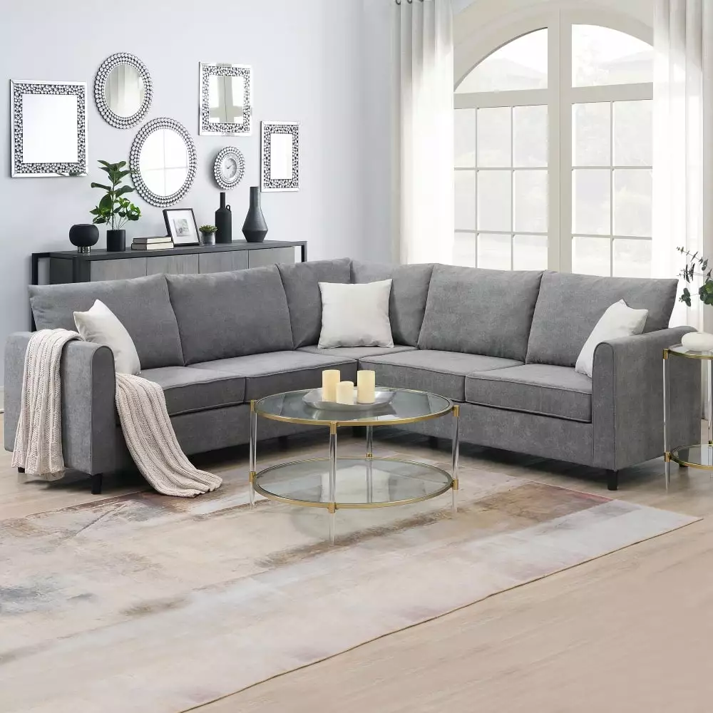 91 L-Shaped Sectional Sofa. Modern Upholstered Sleeper Sofa Couch with 3 Pillows. 5-Seater Large Oversized Corner Sofa Furniture Couch with Wooden Frame for Living Room Apartment Office. Dark Grey