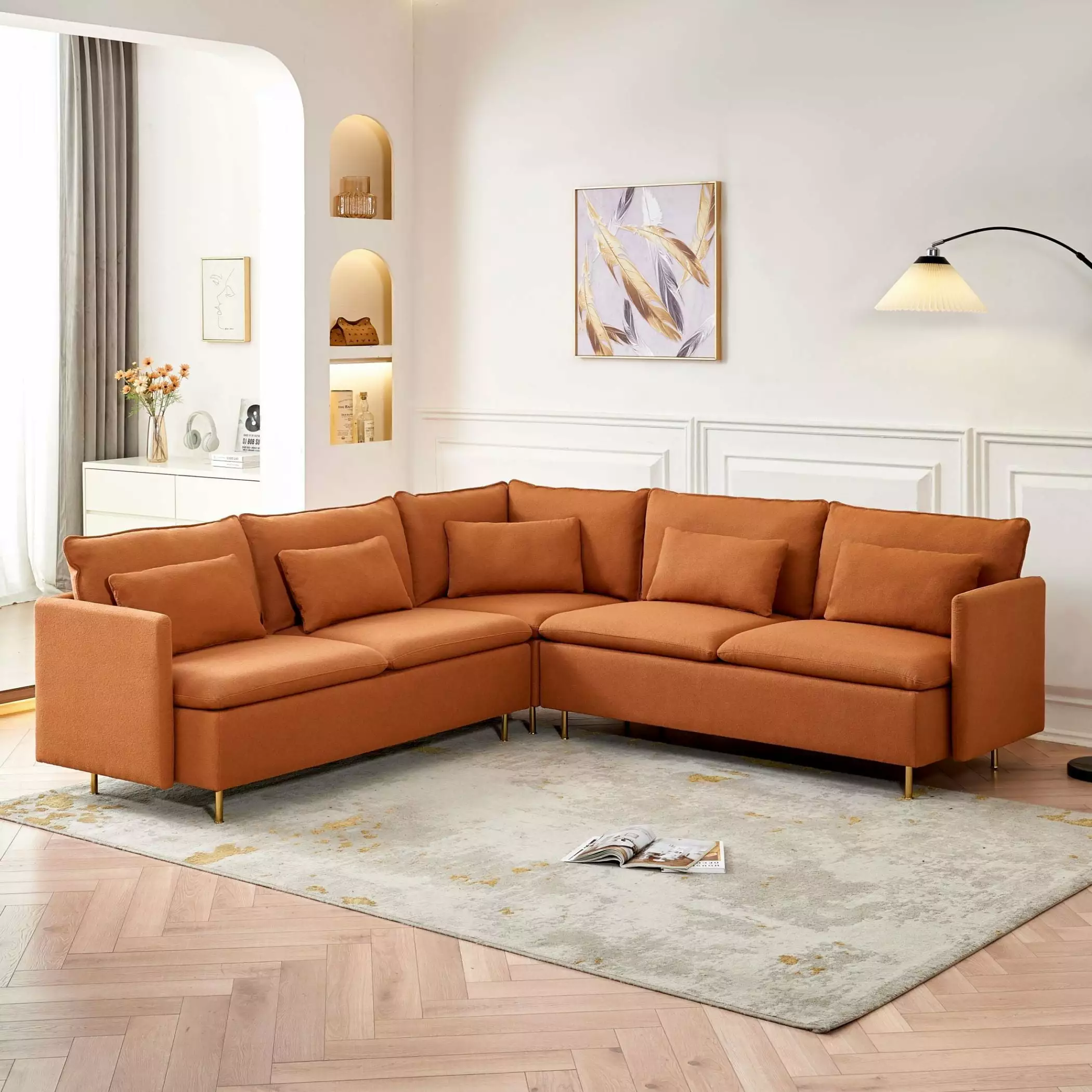 92Teddy Fabric Sofa. Modern Corner Sectional Sofa with Support Pillow for Living room. Apartment & Office.(Orange)