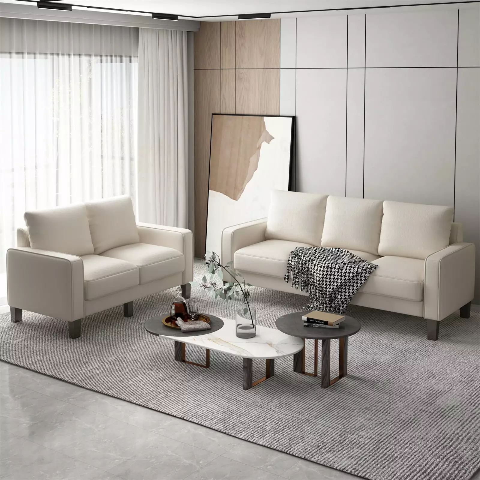 Williamspace 2 Piece Modern Sofa with Storage.5 Seater Living Room Fabric Couch for Living Room.Beige