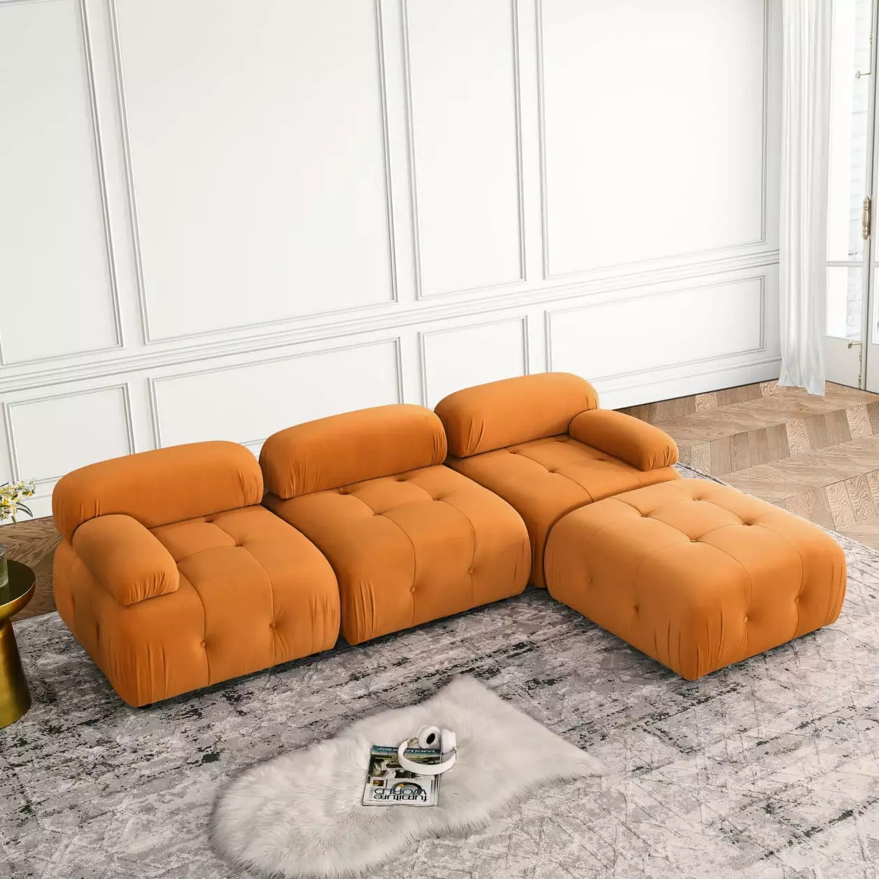 93 Convertible L-Shaped Sectional Sofa with Reversible Ottoman. Button Tufted Modular Sectional Sofa Set. DIY Combination. Teddy Fabric 4-Seat Couch for Living Room Apartment OfficeOrange Velvet