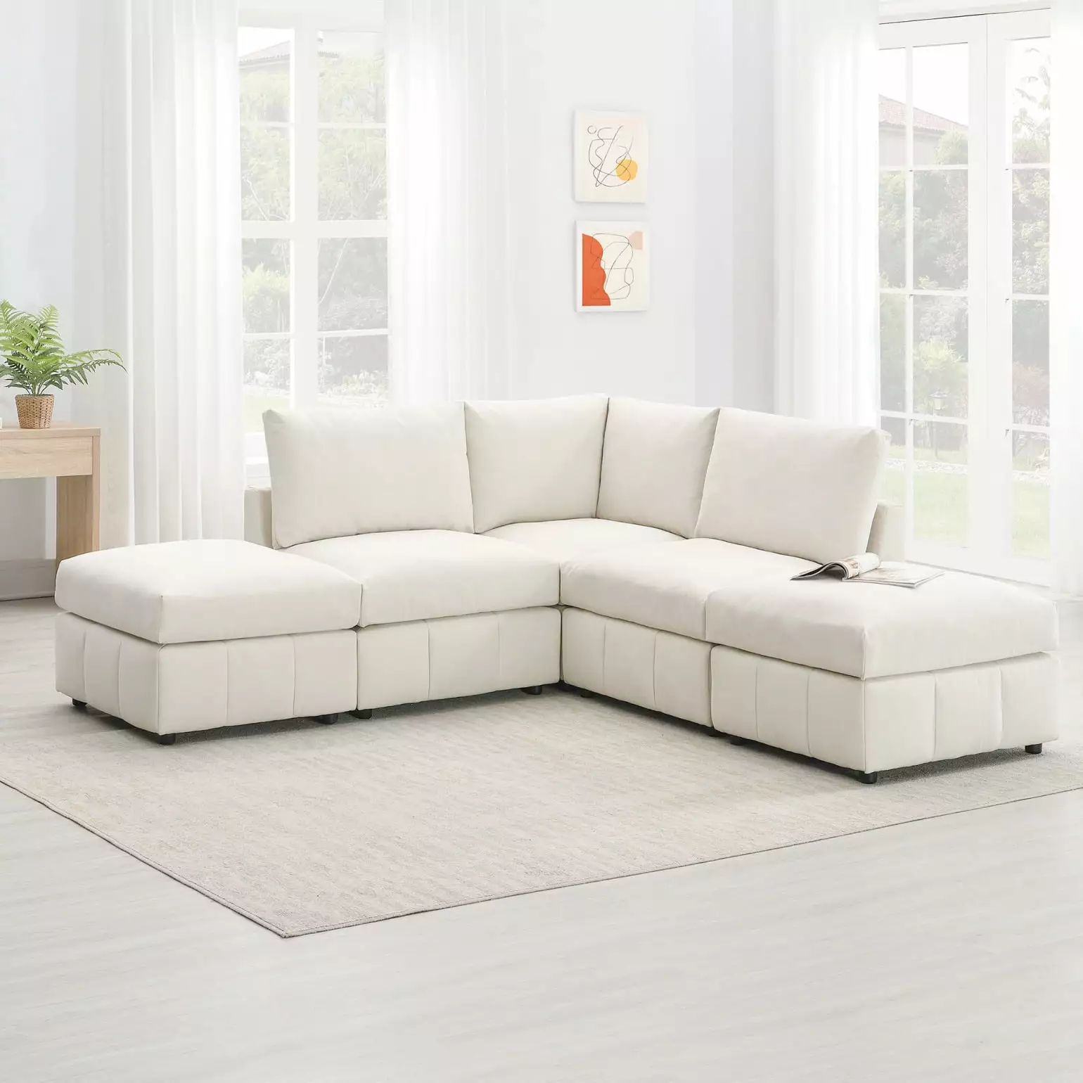 93 Modern Sectional Sofa with Convertible Ottomans. 5-Seat Armless Couch L-Shape Sofa with Vertical Stripes & Plastic Legs. Oversized Upholstered Cloud Couch for Living Room Apartment Office. Beige