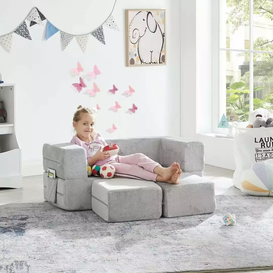 Ulax Furniture Modular Kids Loveseat/ Sleeper Sofa/ Play Set 3-in-1 Multi-Functional Toddler Convertible Flip Chair with 2 Ottomans. Gray