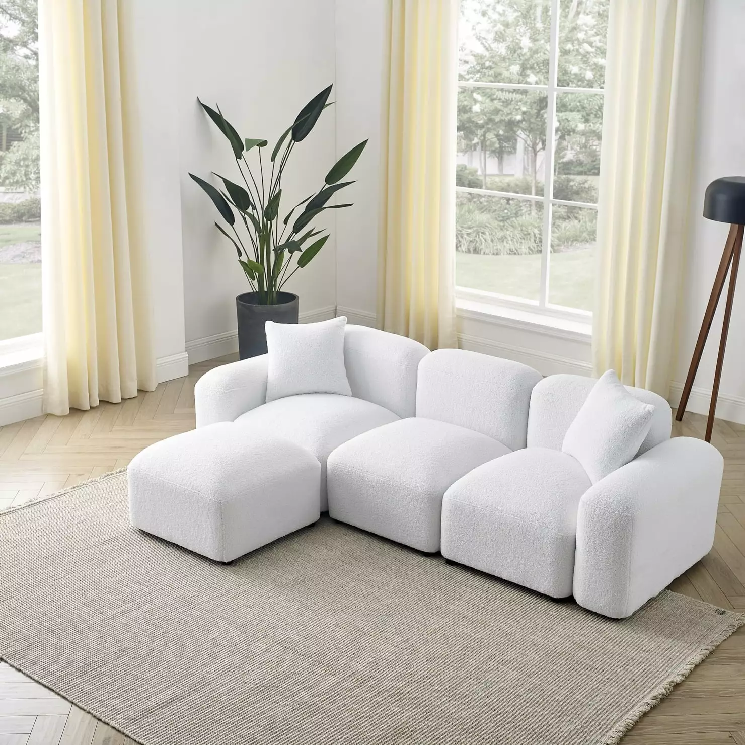 94.5 Convertible Modular Sectional Sofa. L-Shaped Minimalist Futon Fabric Sherpa Sofas Couches. Luxury Modern 4-Seat Sectional Couch with Reversible Ottoman Chaise for Living Room.Apartment. White