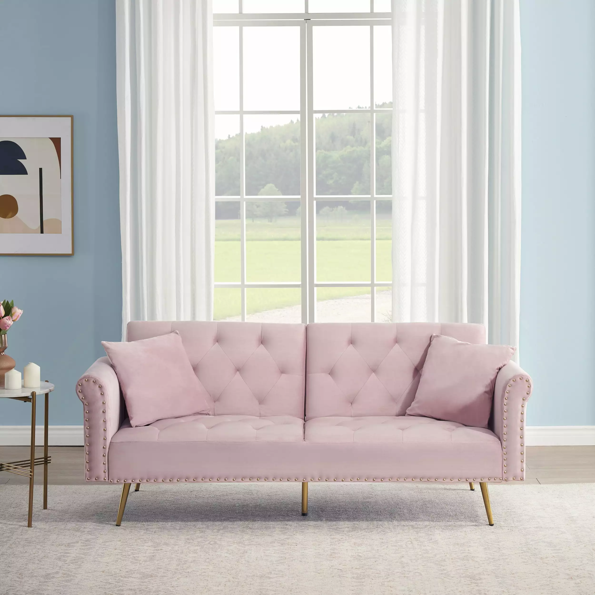 Pink velvet nail head sofa bed with throw pillow and midfoot 90866