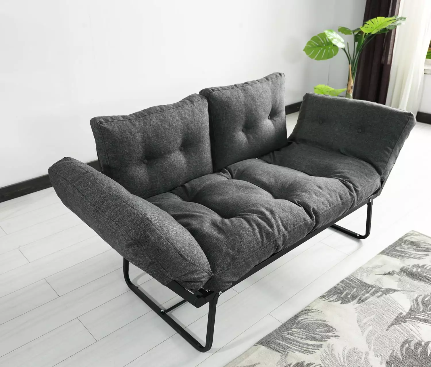 Valencia Modern Loveseat Futon for Living Rooms and Bedroom. Adjustable Arms. Removable Back Cushion. Convertible Sleeper Sofa. 66 inch 2 seater sofa. Gray