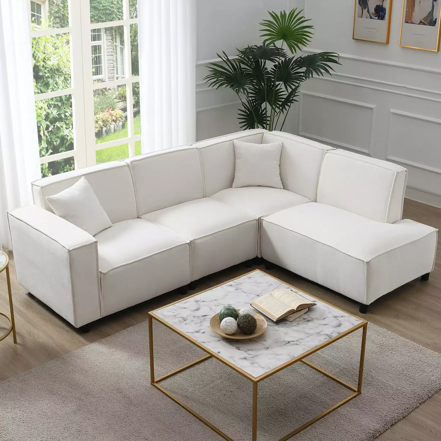 97 Modern Minimalist Style Sectional Sofa. L-Shaped Couch Set with 2 Pillows. 5-seat Chenille Fabric Couch with Chaise Lounge for Living Room. Apartment. Office (Beige)