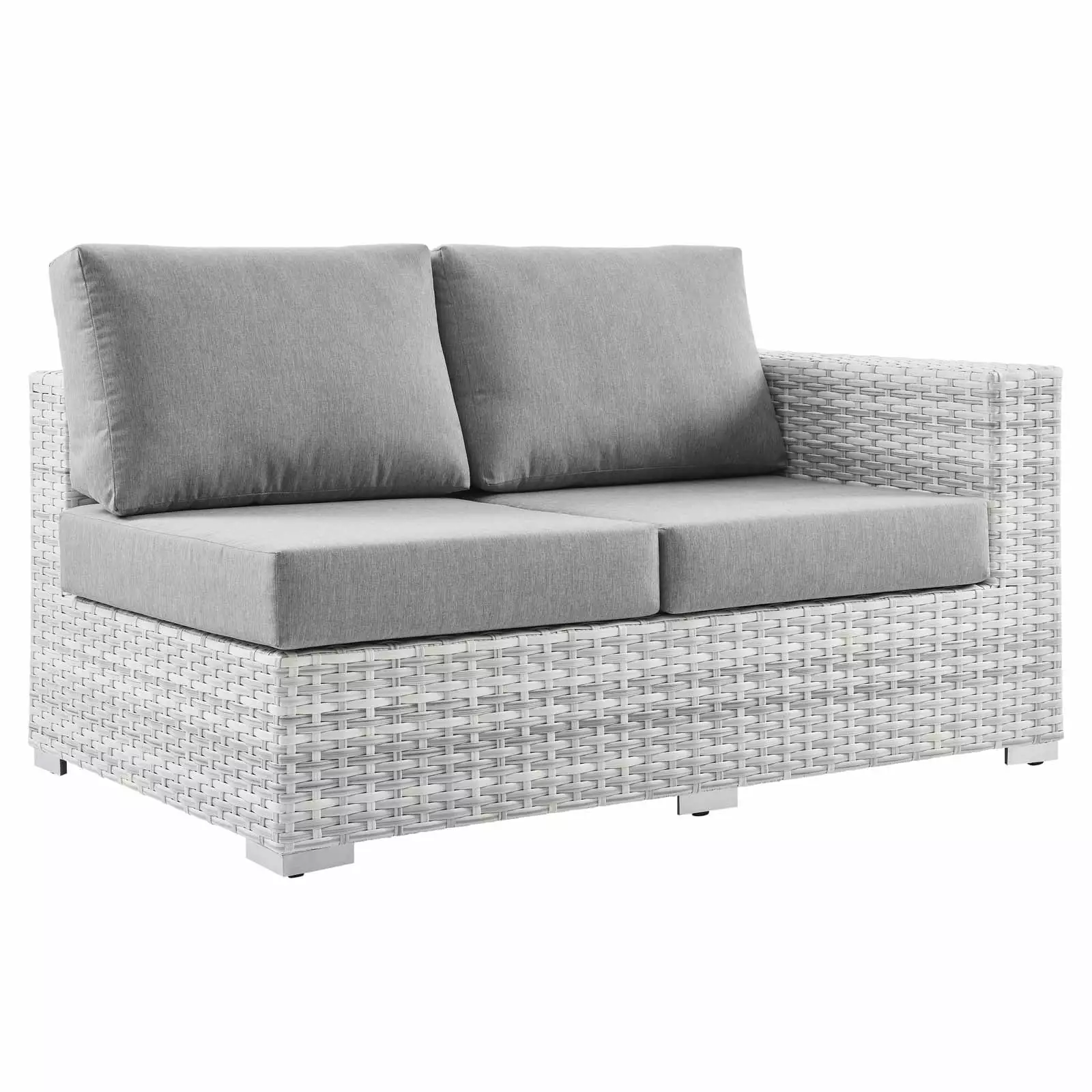 Lounge Loveseat Sofa. Rattan. Wicker. Grey Gray. Modern Contemporary Urban Design. Outdoor Patio Balcony Cafe Bistro Garden Furniture Hotel Hospitality