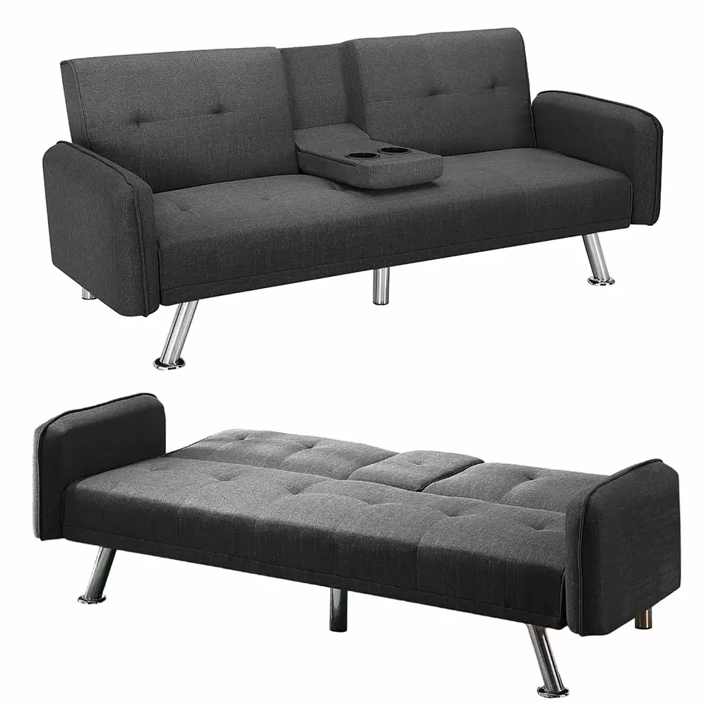 CJC Convertible Folding Futon Sofa Bed Modern Loveseat Recliner with 2 Cup Holders. Dark Gray