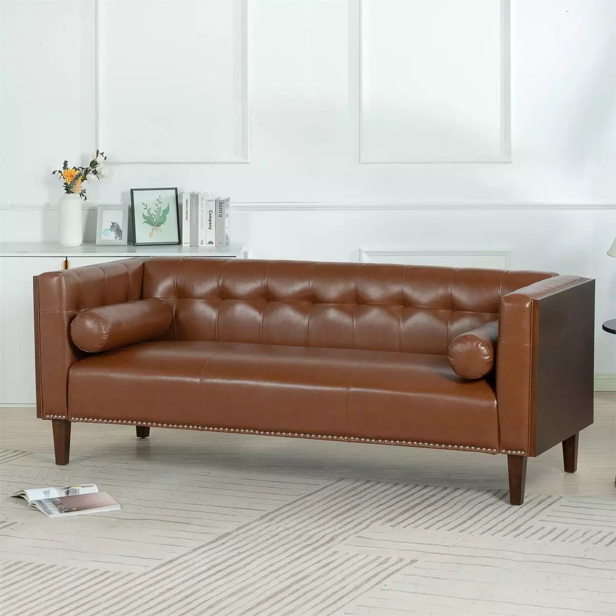 3 Seater Sofa. 77.5 PU Leather Sofa Upholstered Couch with Wooden Decorated Arm & 2 Round Pillows. Modern Button Tufted Couch for Living Room Bedroom Office. Brown