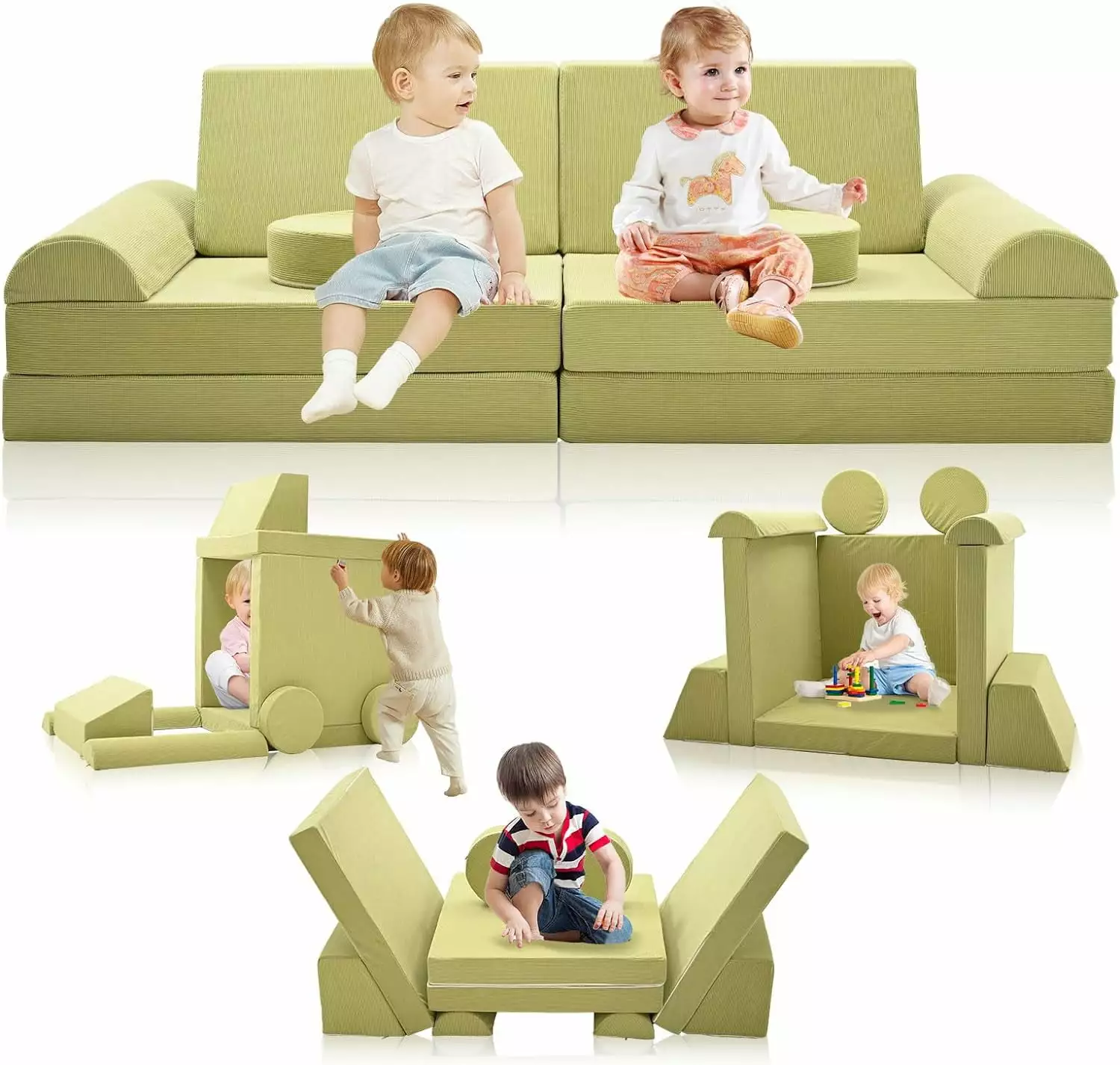 ABORON 10Pcs Toddler Sofa for Kids. Modular Kids Couch for Playroom. Kids Play Couch for toddlers 1-10. Kids Sofa Couch. Convertible Foam Floor Cushion.Green