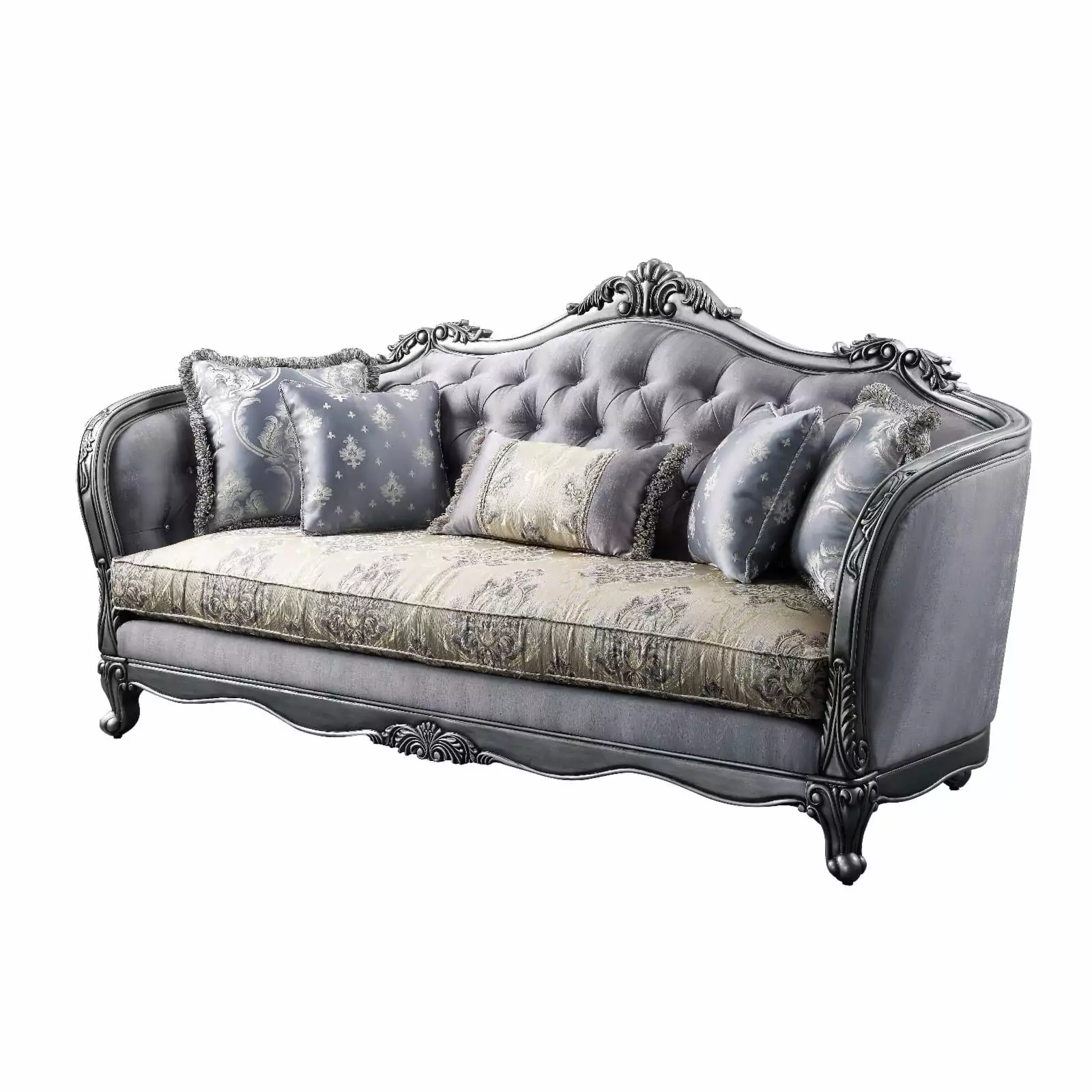 ACME Ariadne Fabric Tufted Sofa with 5 Pillows in Platinum Gray