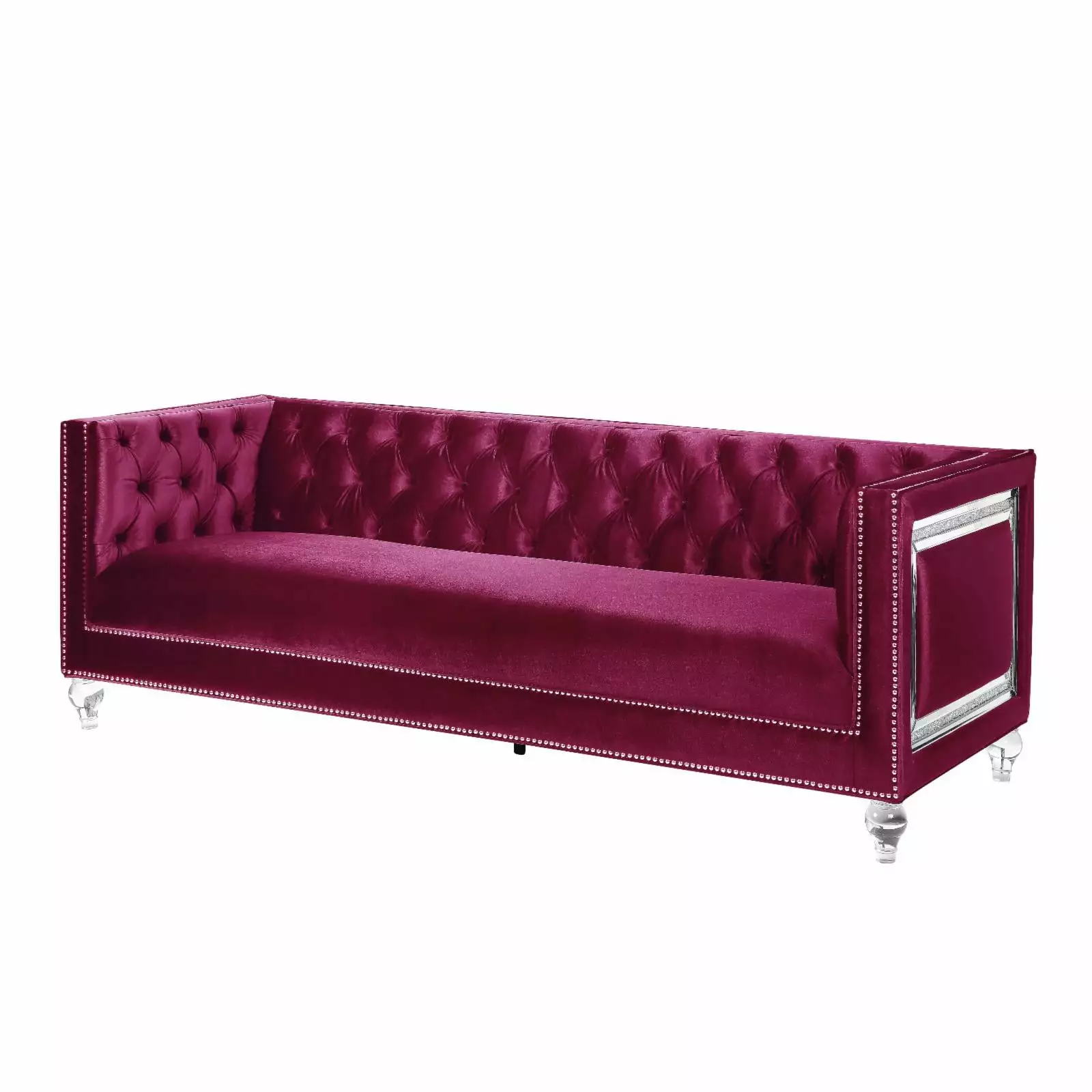 ACME Heibero Velvet Tufted Sofa with 2 Pillows in Burgundy