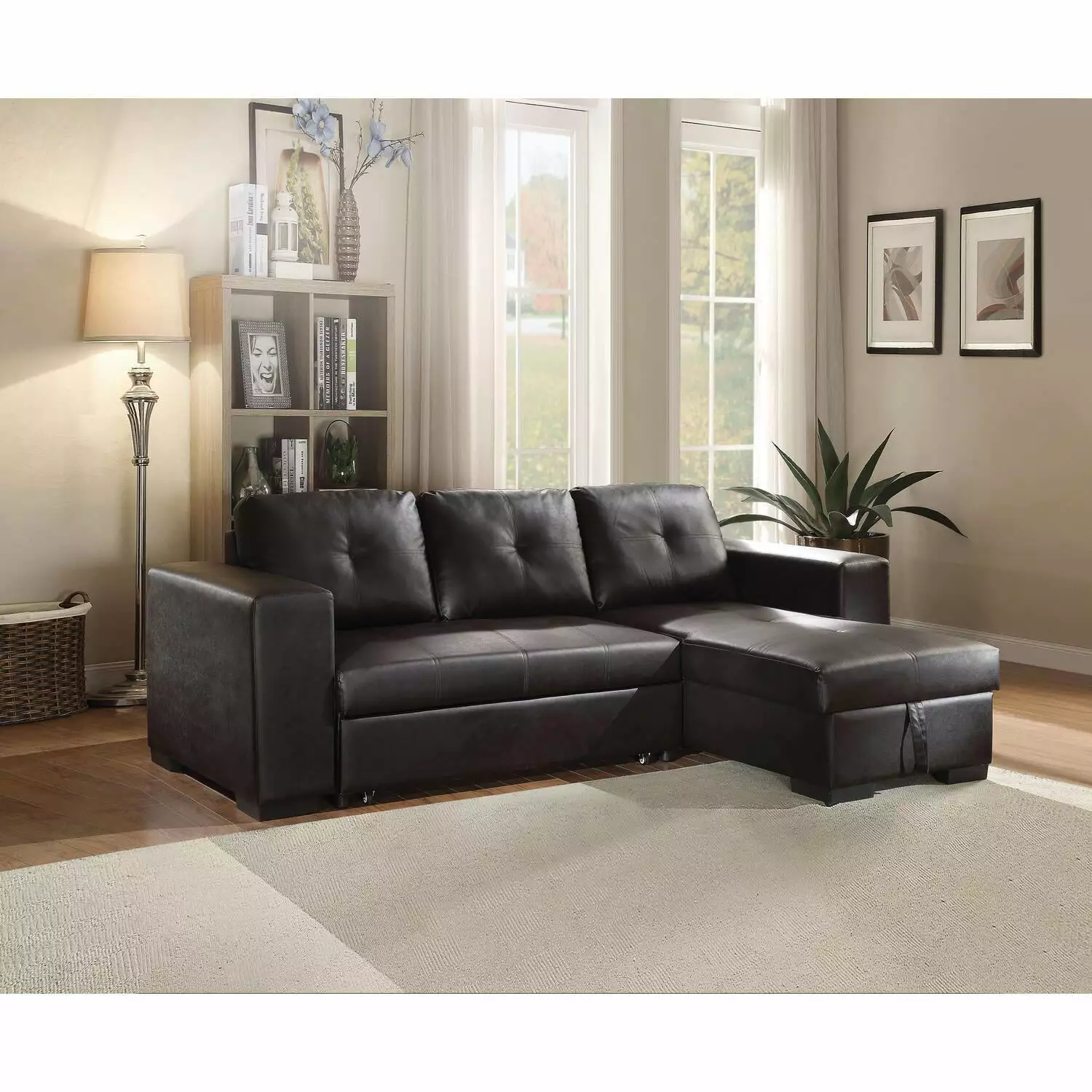 ACME Lloyd Faux Leather Upholstered Sectional Sofa with Sleeper in Black