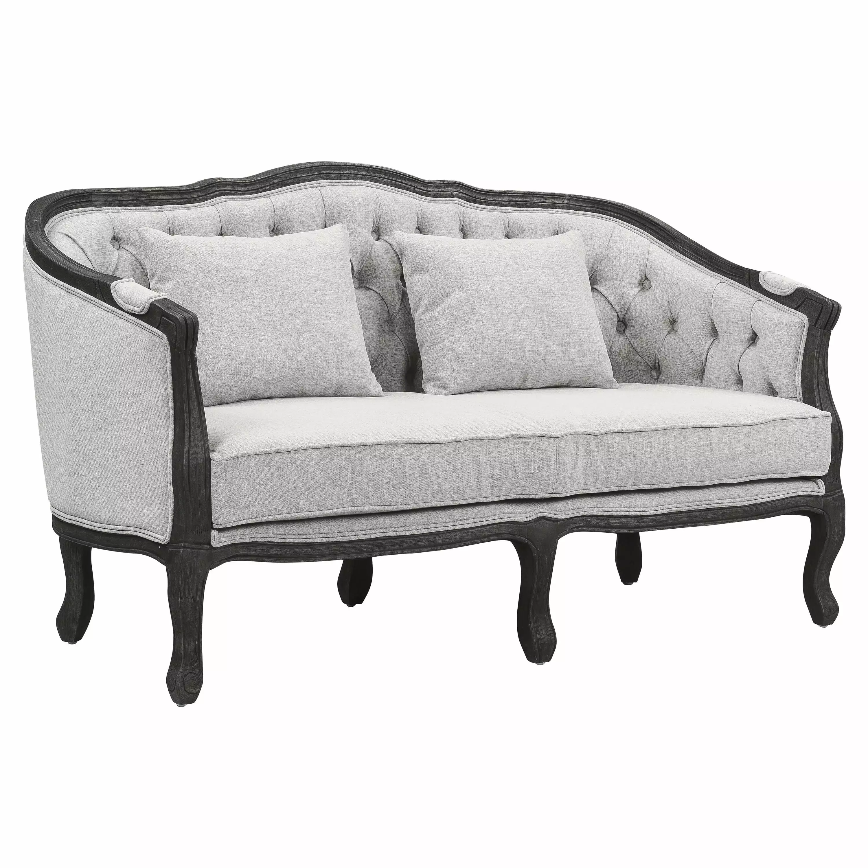 ACME Samael Linen Loveseat with Wooden Leg and 2 Pillows in Gray and Dark Brown