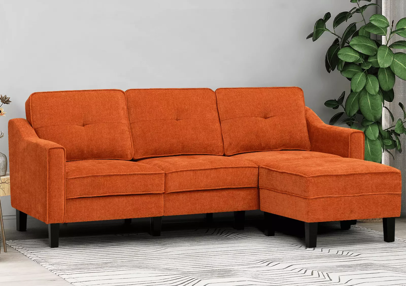 ACMEASE 84 Fabric 3-Seaters Sofa with Movable Ottoman. Chenille L Shaped Sofa with Tufted Backrest. Upholstered Sectional Couch for Living Room. Apartment. Office. Orange