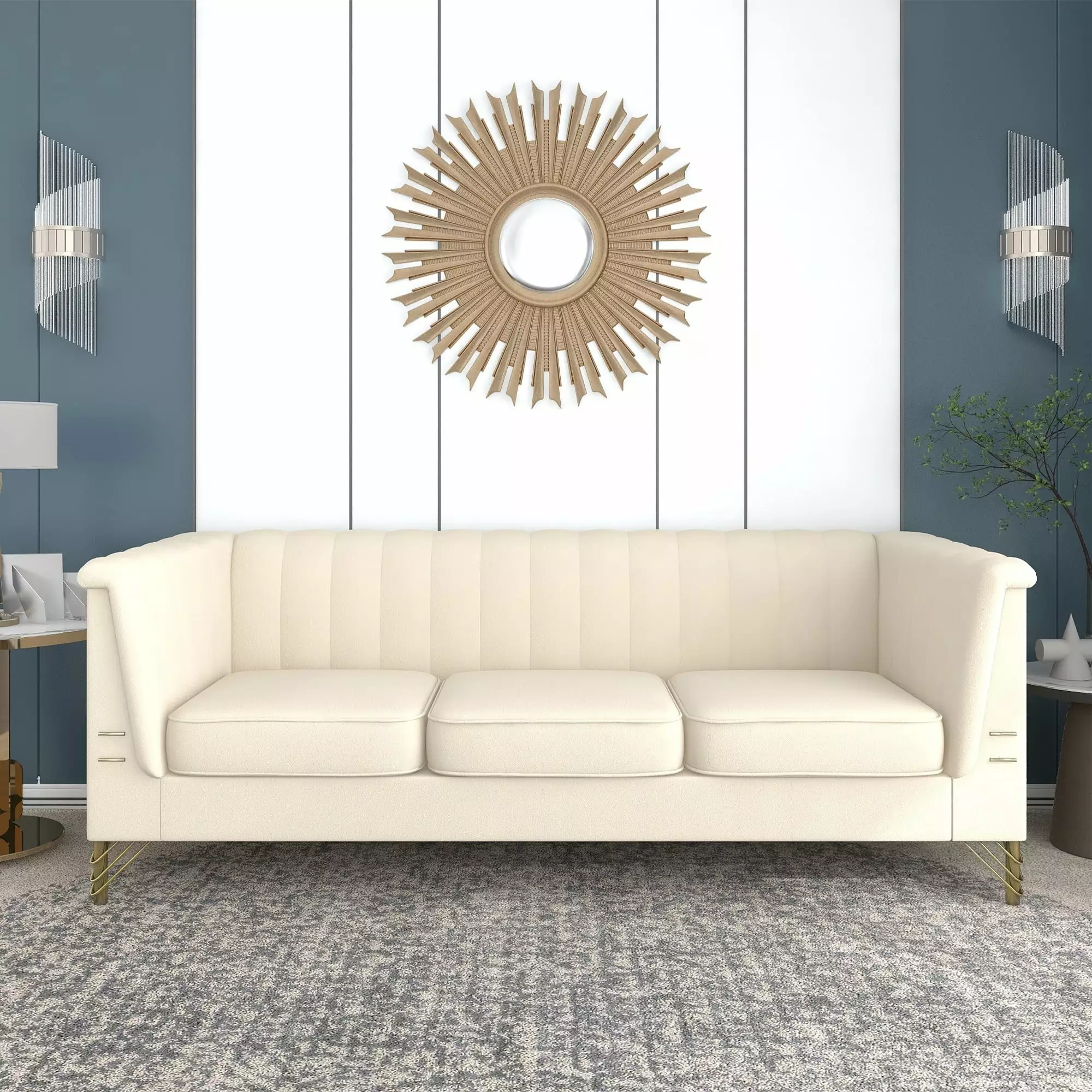 ANDEONLINE IN Contemporary Flared Arm Tufted Velvet Sofa with Gold Trim Legs Beige