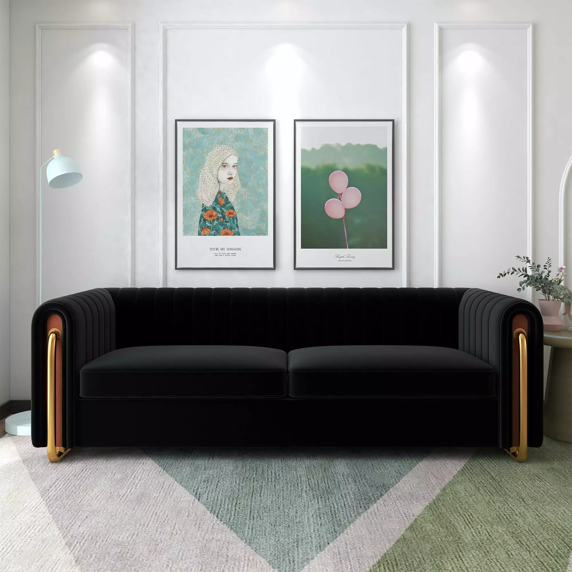 ANDEONLINE IN Modern Channel Tufted Velvet Sofa with Piped Legs Black