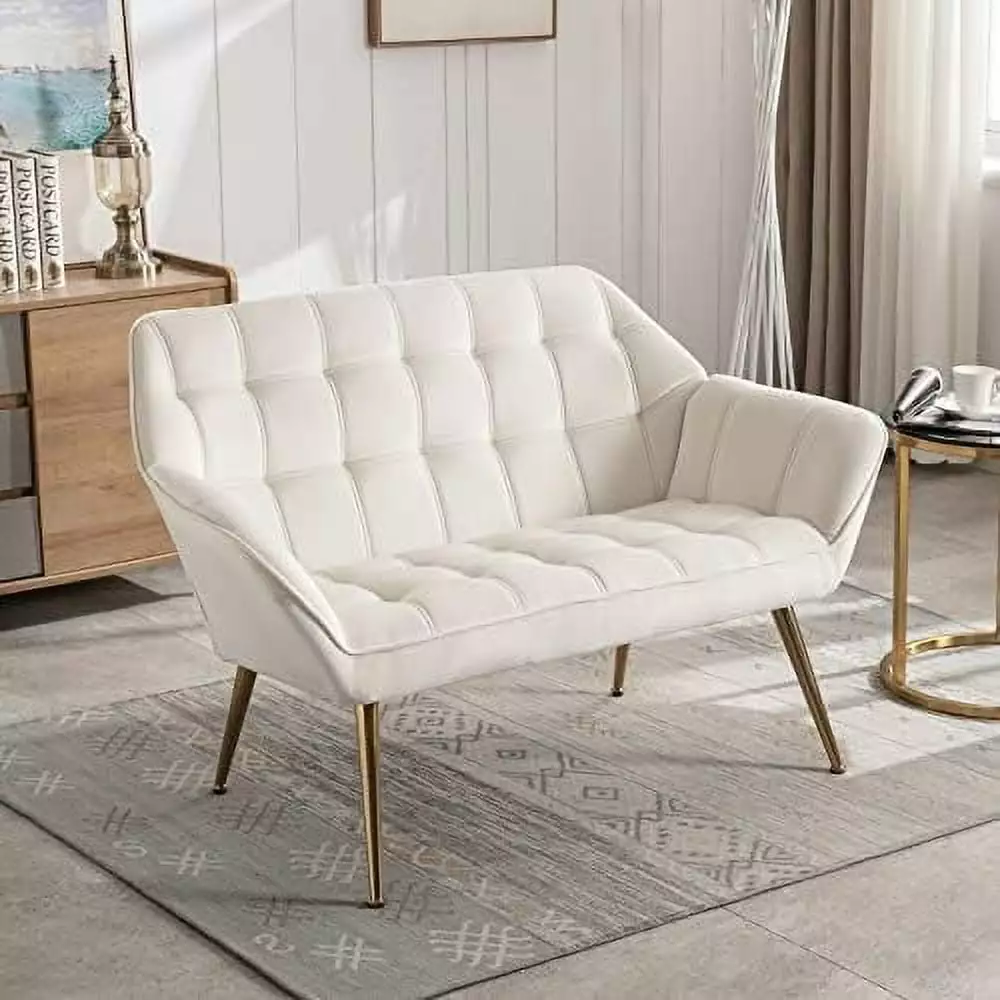 ASDRFYU Small Loveseat for Bedroom 2-Seat Mini Sofa Couch with Wingback and Wood Legs for Living Room Apartment Small Space Comfy Love Seat Beige Linen