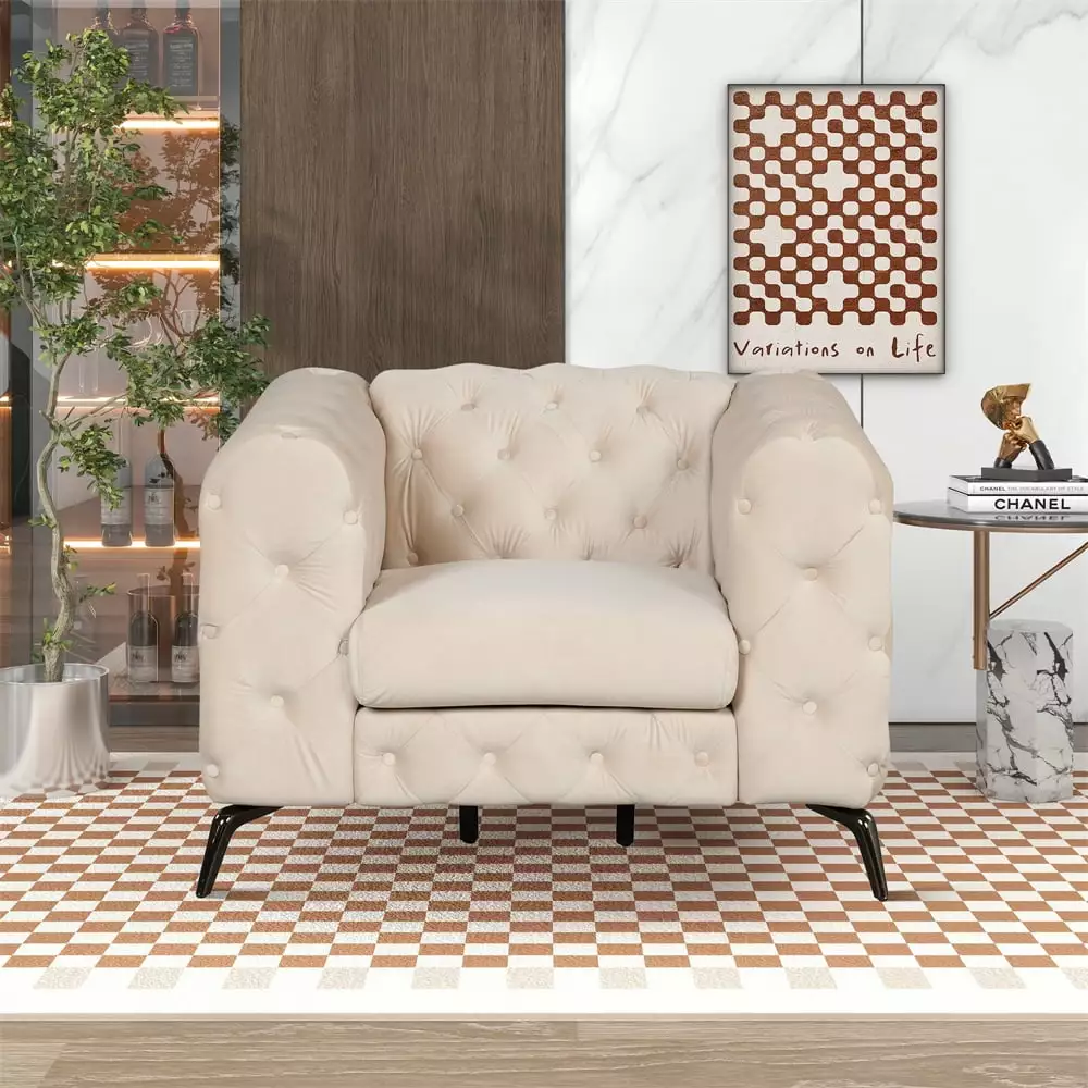 Accent Chair. 40.5 Velvet Button Tufted Upholstered Accent Sofa with Arms and Curved High Back Comfy Single Sofa Chair with Metal Legs Modern Couch Accent Sofa for Living Room Bedroom. Beige